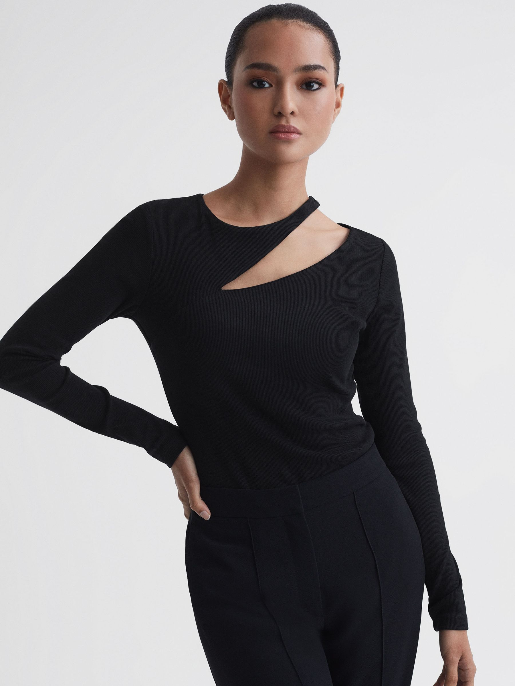 Cotton Cut-Out Long Sleeve Top in Black - Image 4 of 5