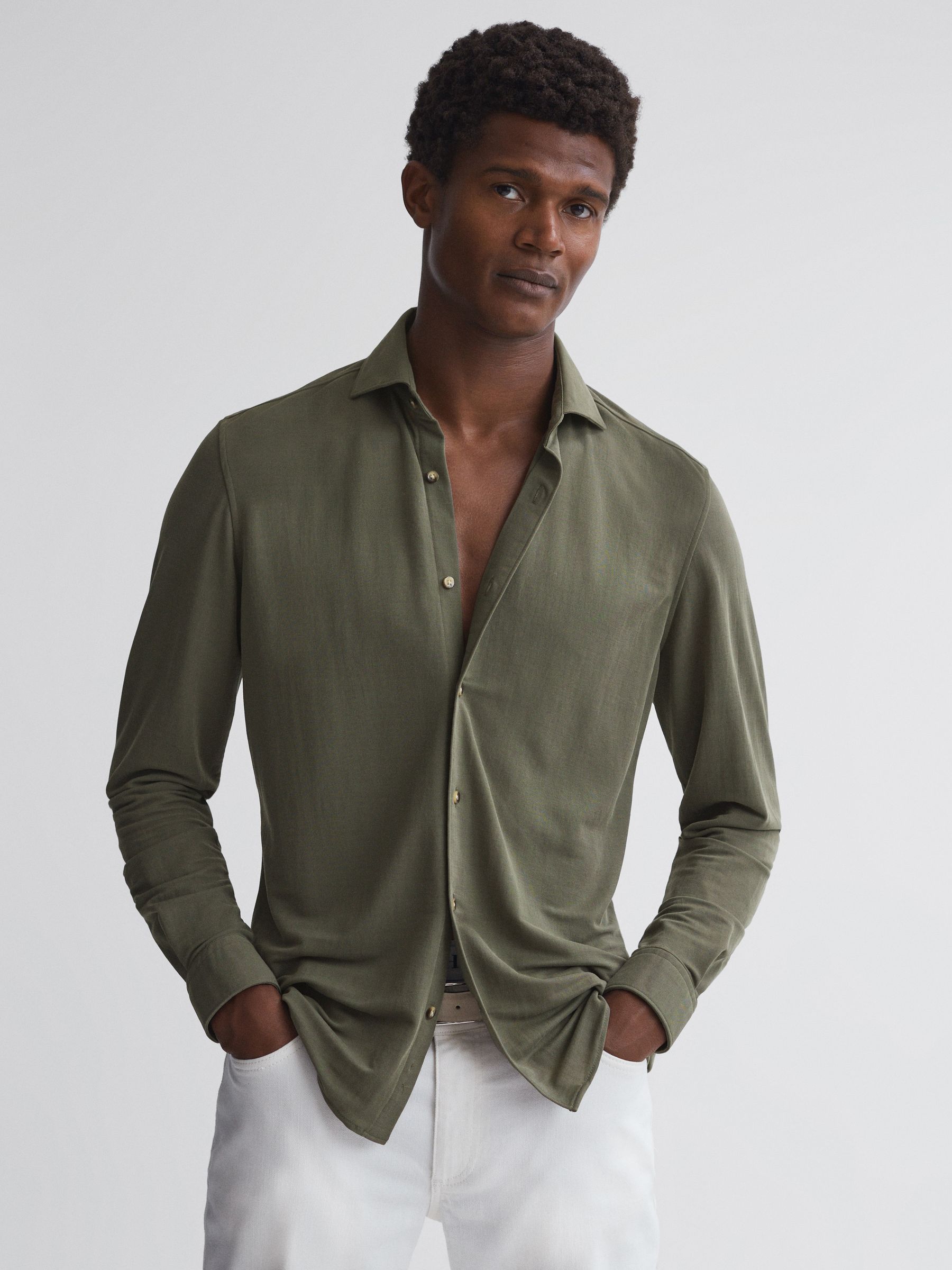 Slim Fit Cutaway Collar Modal Shirt in Khaki - Image 1 of 6