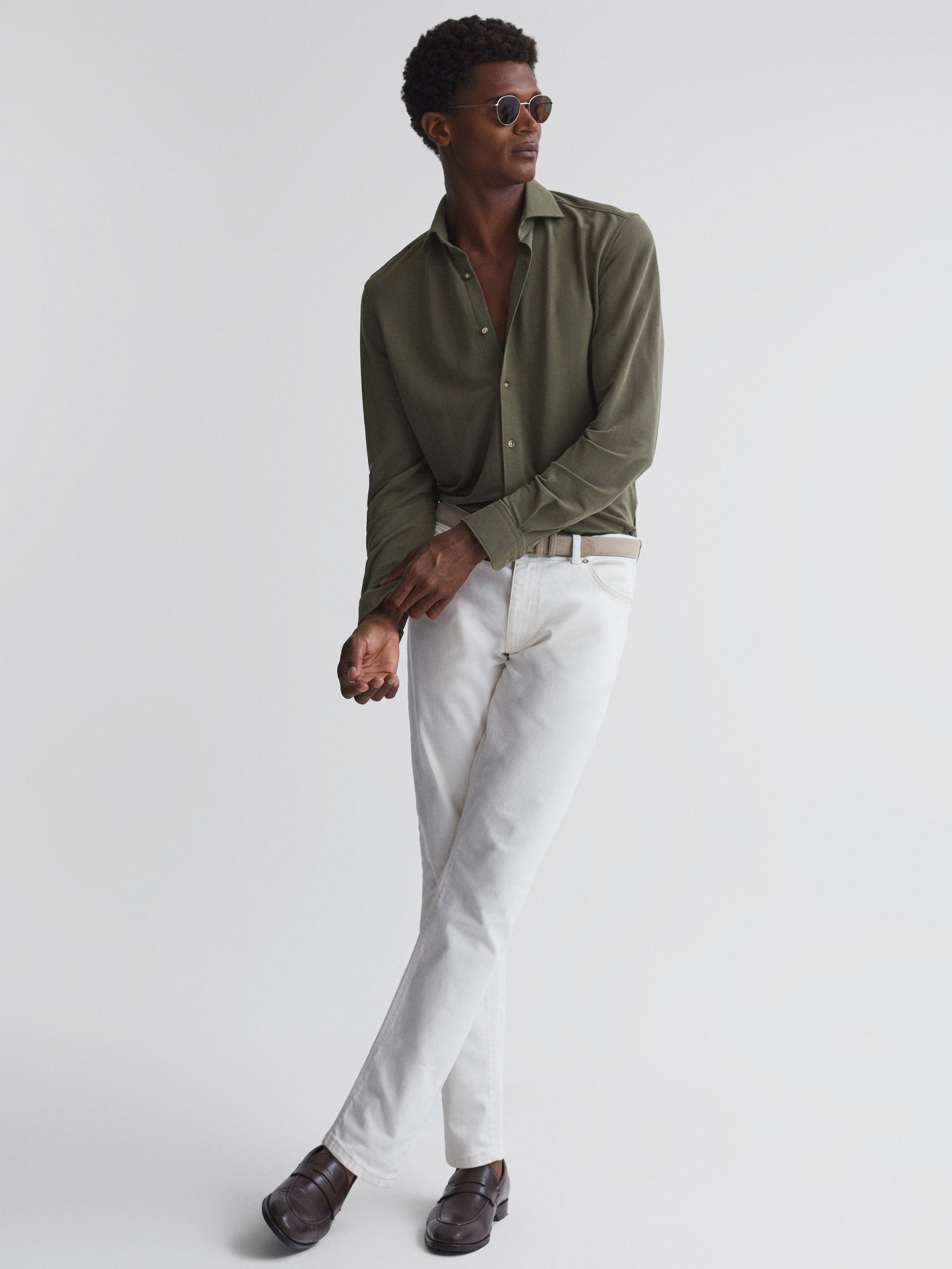 Slim Fit Cutaway Collar Modal Shirt in Khaki - Image 3 of 6