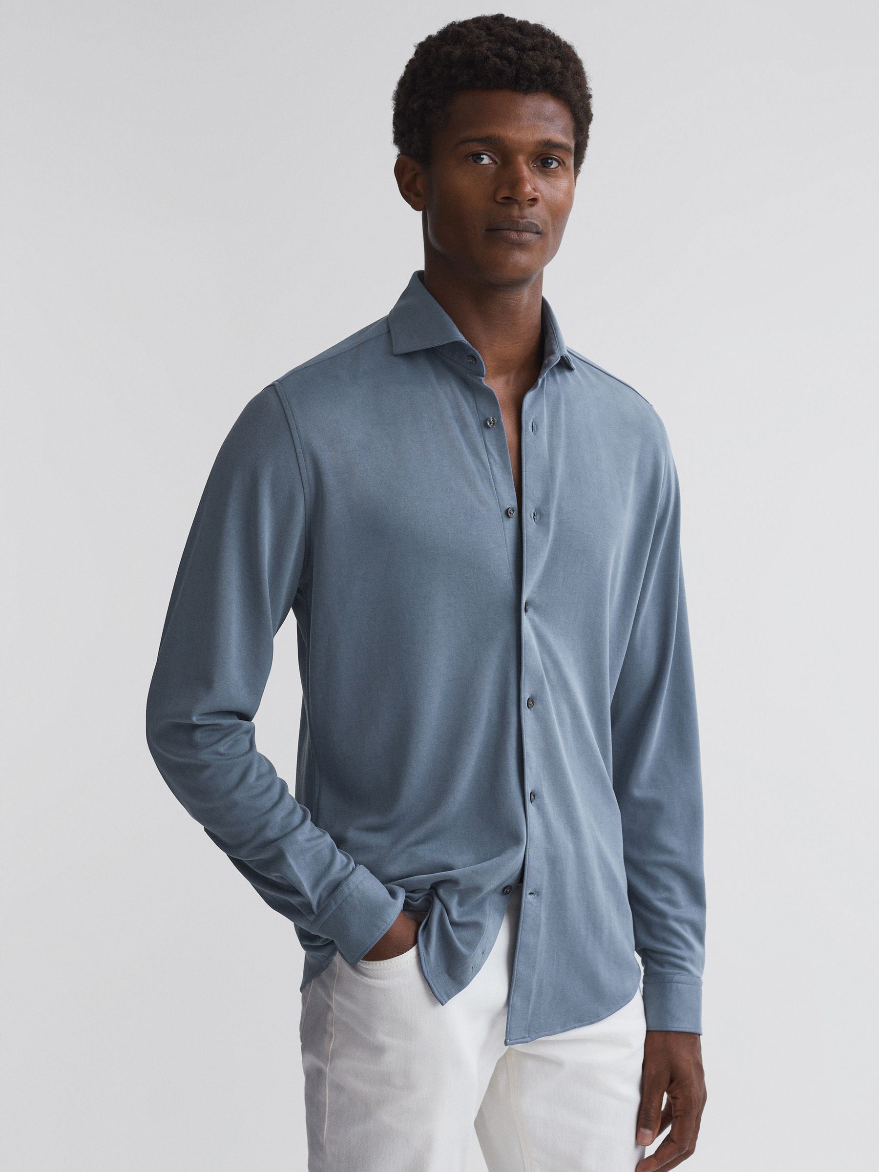 Slim Fit Cutaway Collar Modal Shirt in Airforce Blue - Image 1 of 1 Slim Fit Cutaway Collar Modal Shirt in Airforce Blue - Image 1 of 1