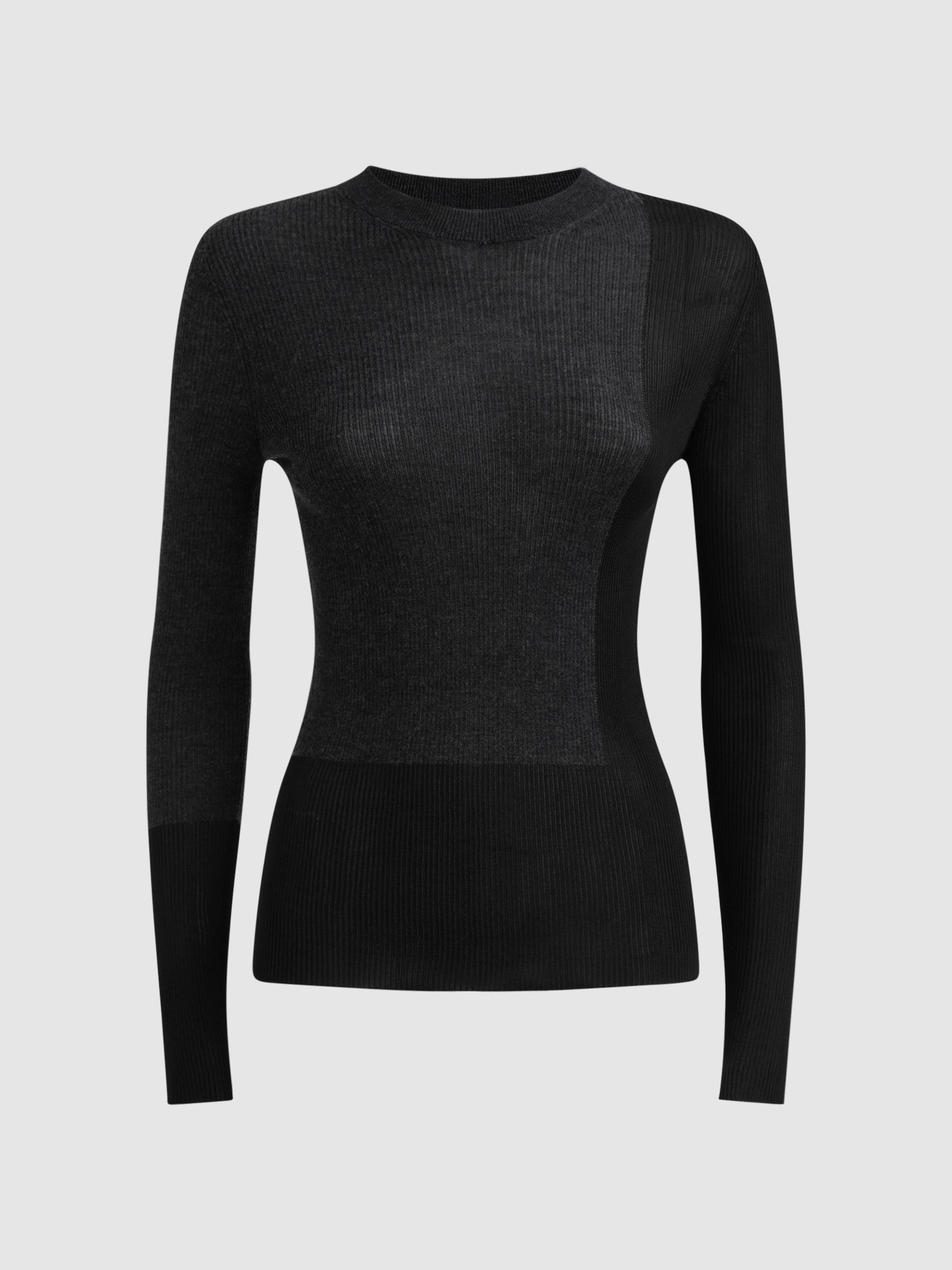 Hybrid Wool-Silk Knit T-Shirt in Black/Charcoal - Image 2 of 5