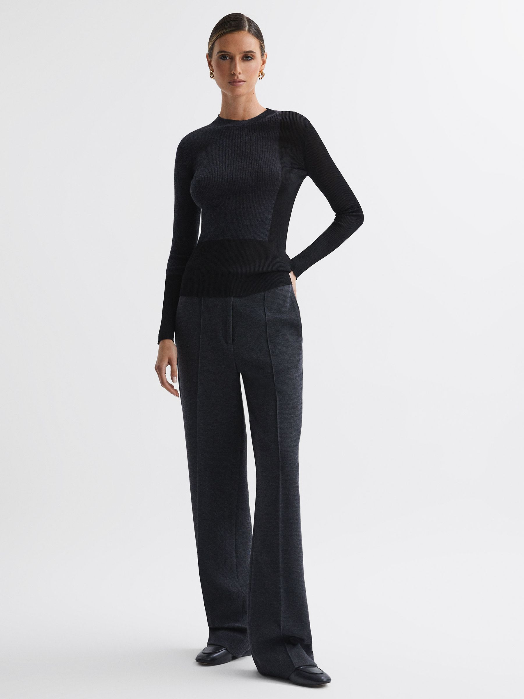 Hybrid Wool-Silk Knit T-Shirt in Black/Charcoal - Image 3 of 5