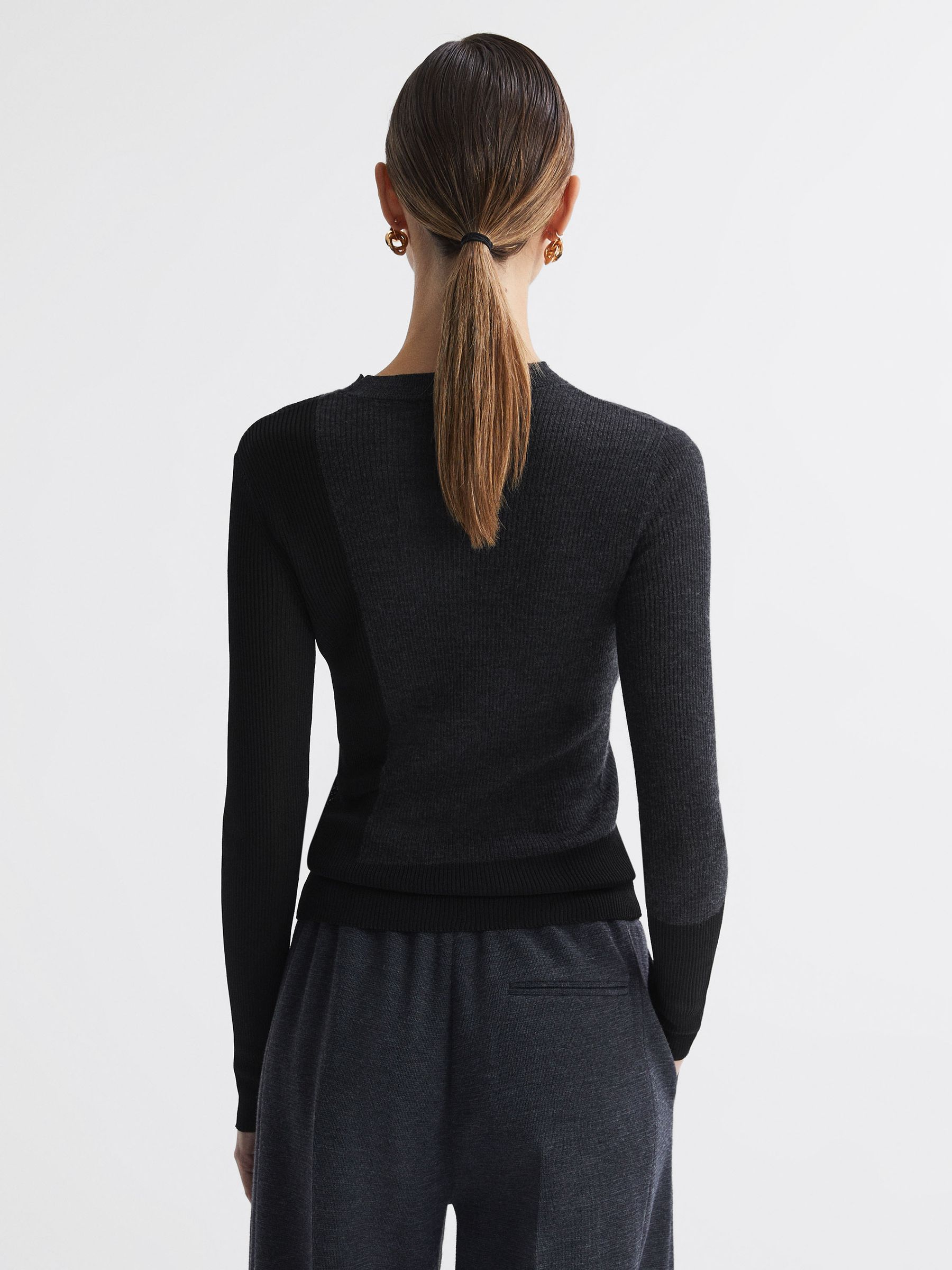 Reiss Hybrid Wool-Silk Knit T-Shirt in Black/Charcoal - REISS