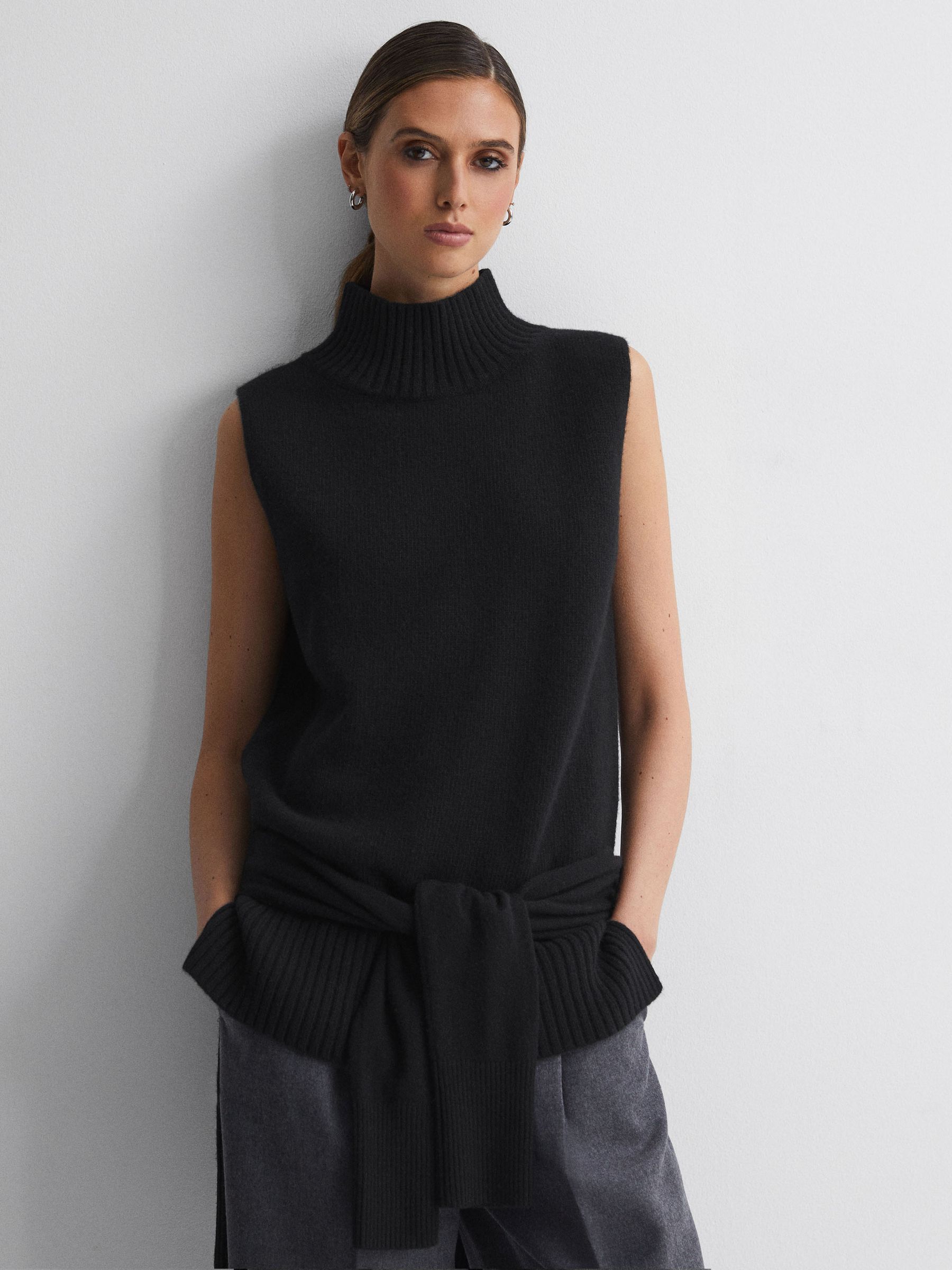 Casual Wool-Cashmere Funnel Neck Sleeveless Top in Black - Image 1 of 5