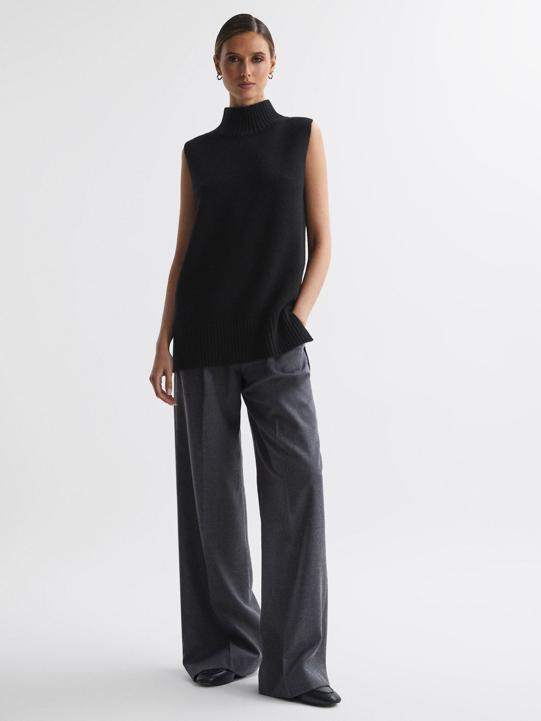 Casual Wool-Cashmere Funnel Neck Sleeveless Top in Black - Image 3 of 5