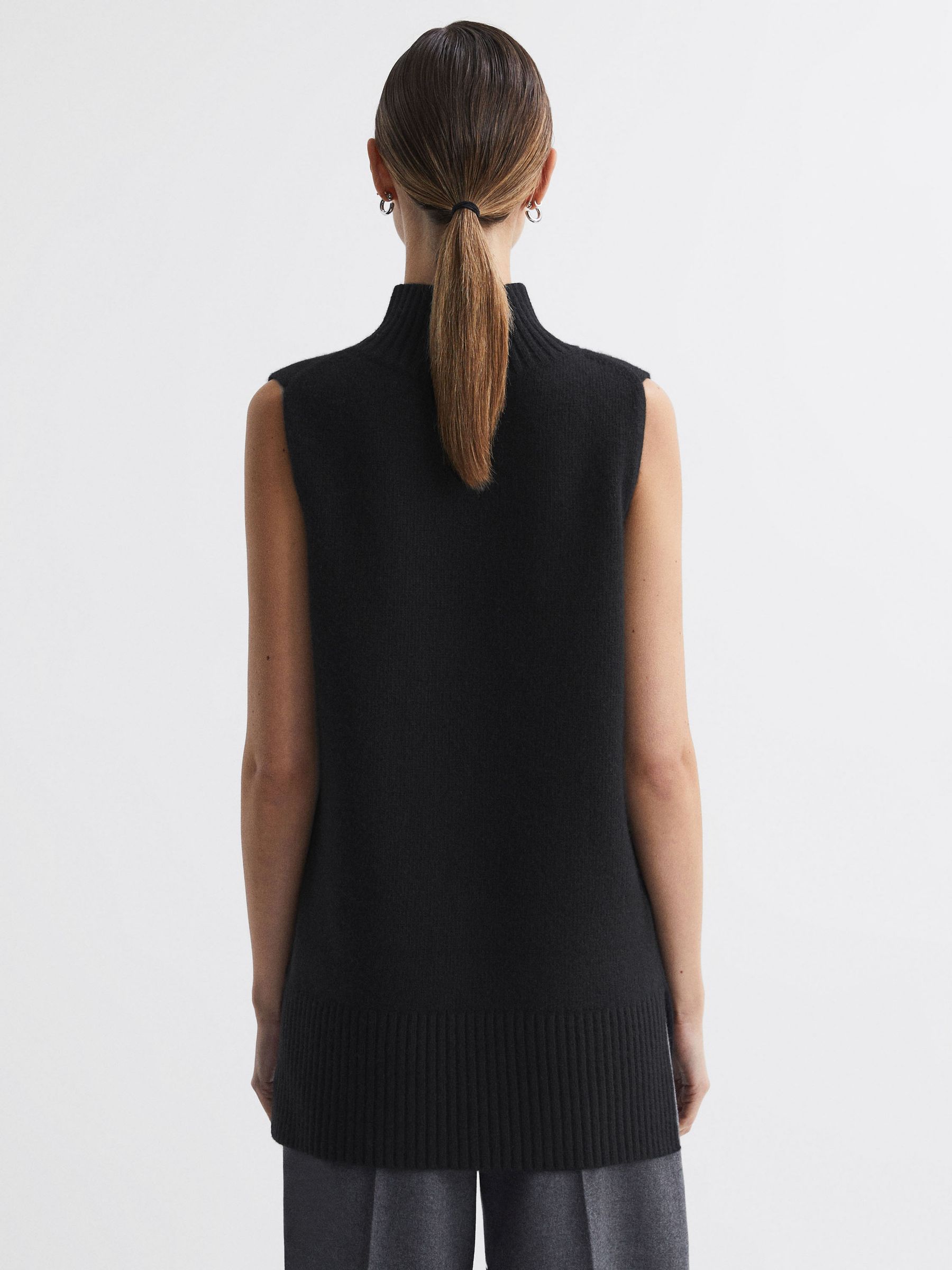 Casual Wool-Cashmere Funnel Neck Sleeveless Top in Black - Image 4 of 5