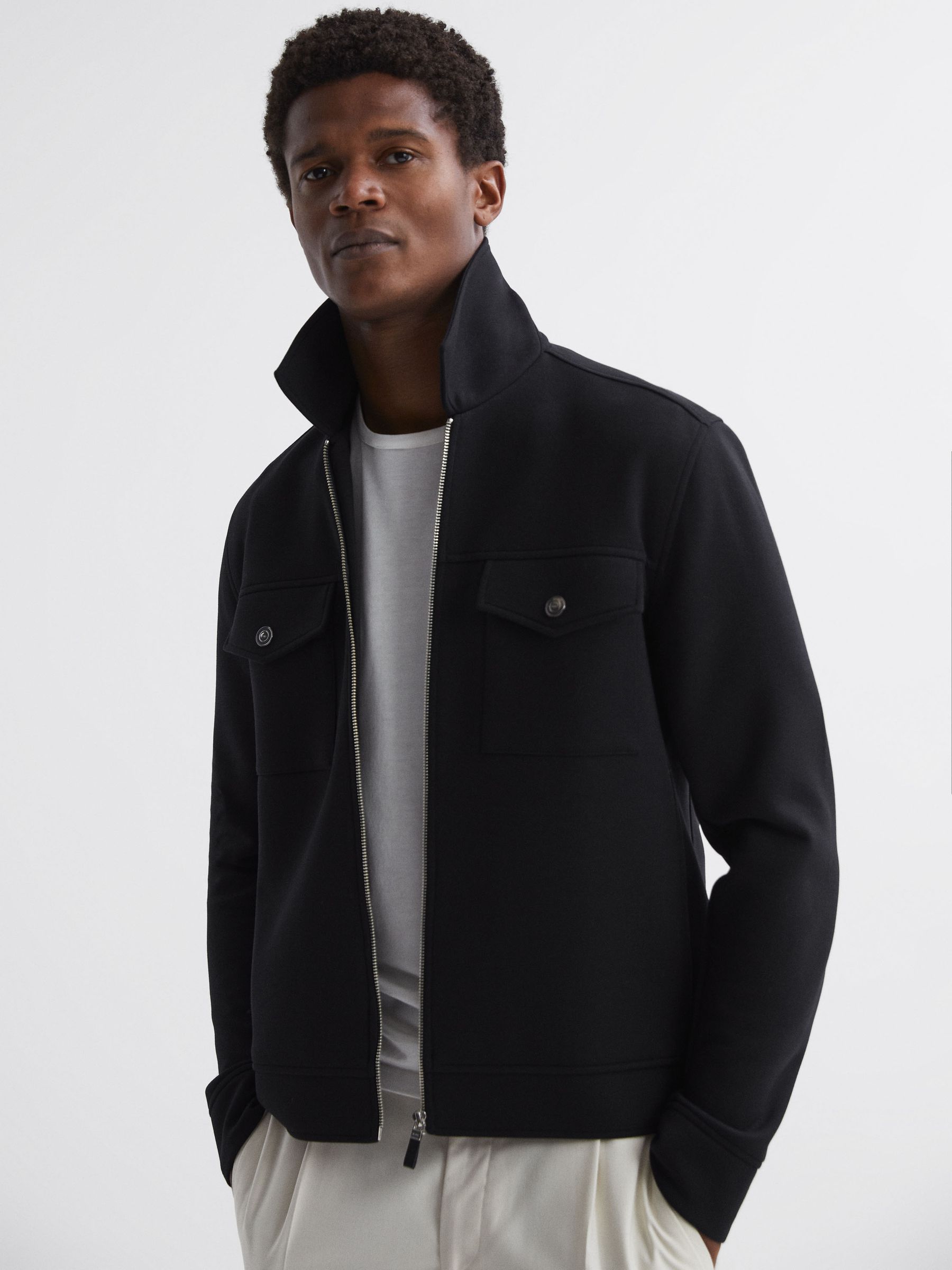 Reiss Interlock-Jersey Zipped Overshirt in Navy | REISS