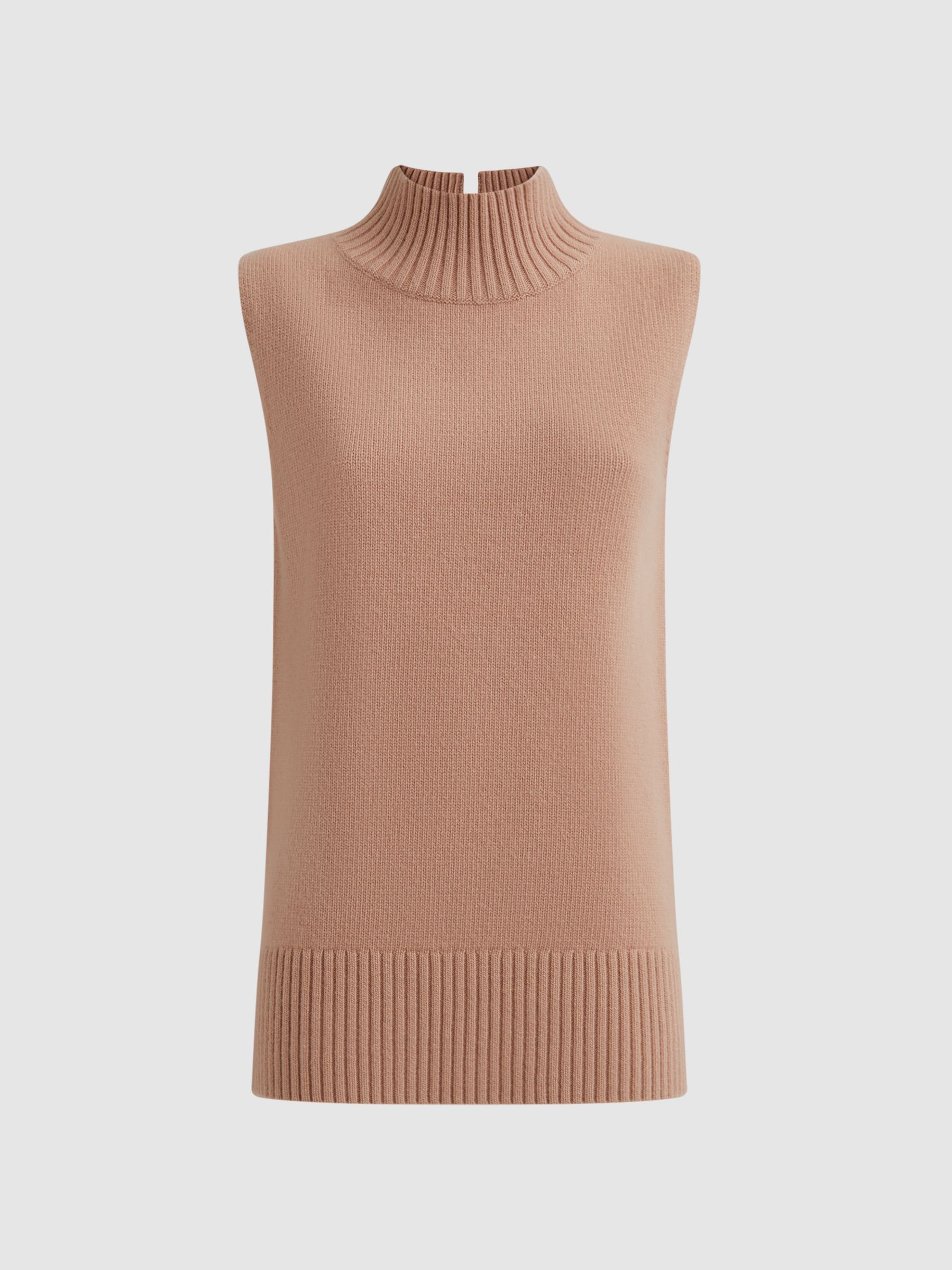 Casual Wool-Cashmere Funnel Neck Sleeveless Top in Camel - Image 2 of 7