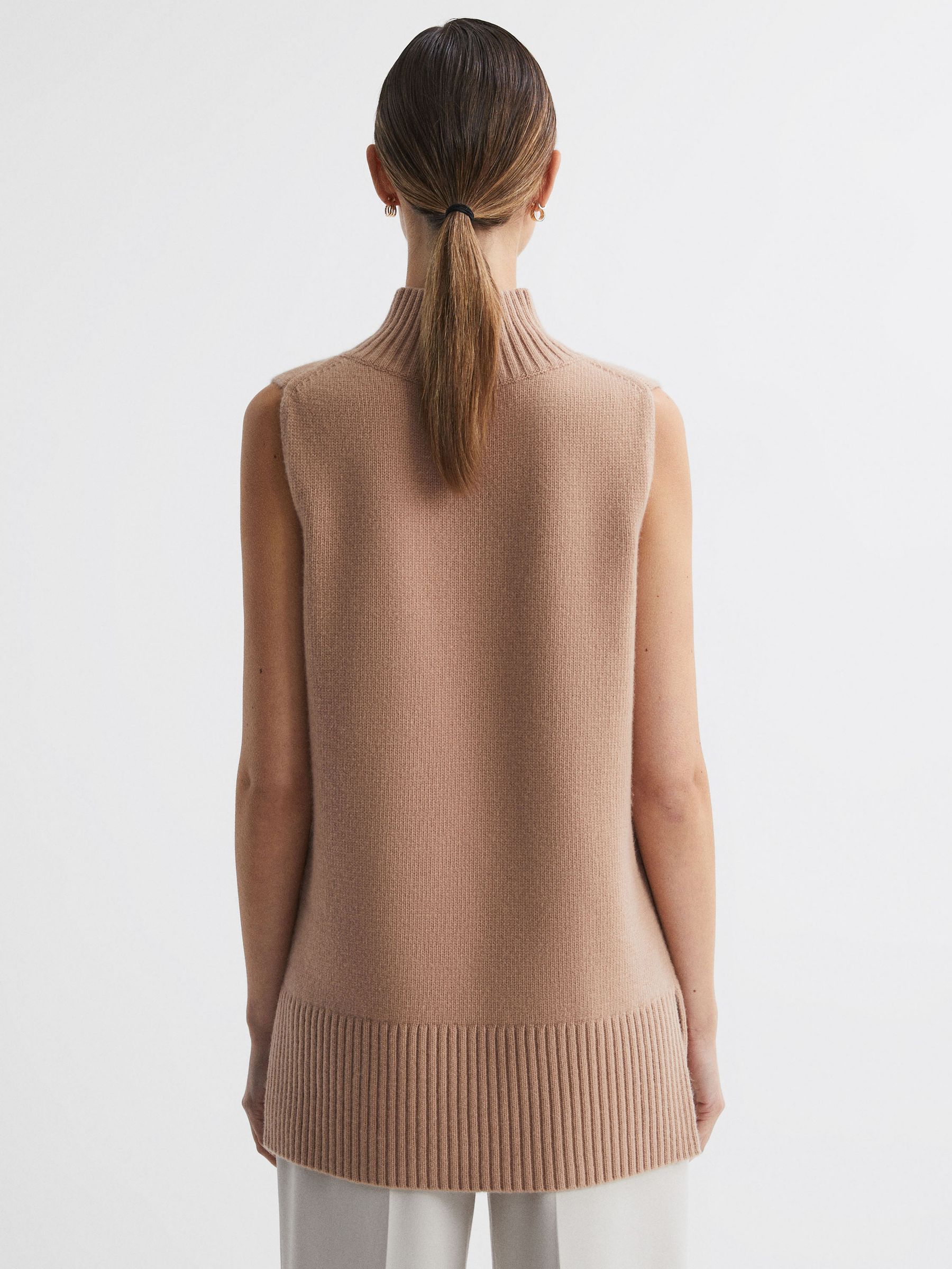 Casual Wool-Cashmere Funnel Neck Sleeveless Top in Camel - Image 5 of 7