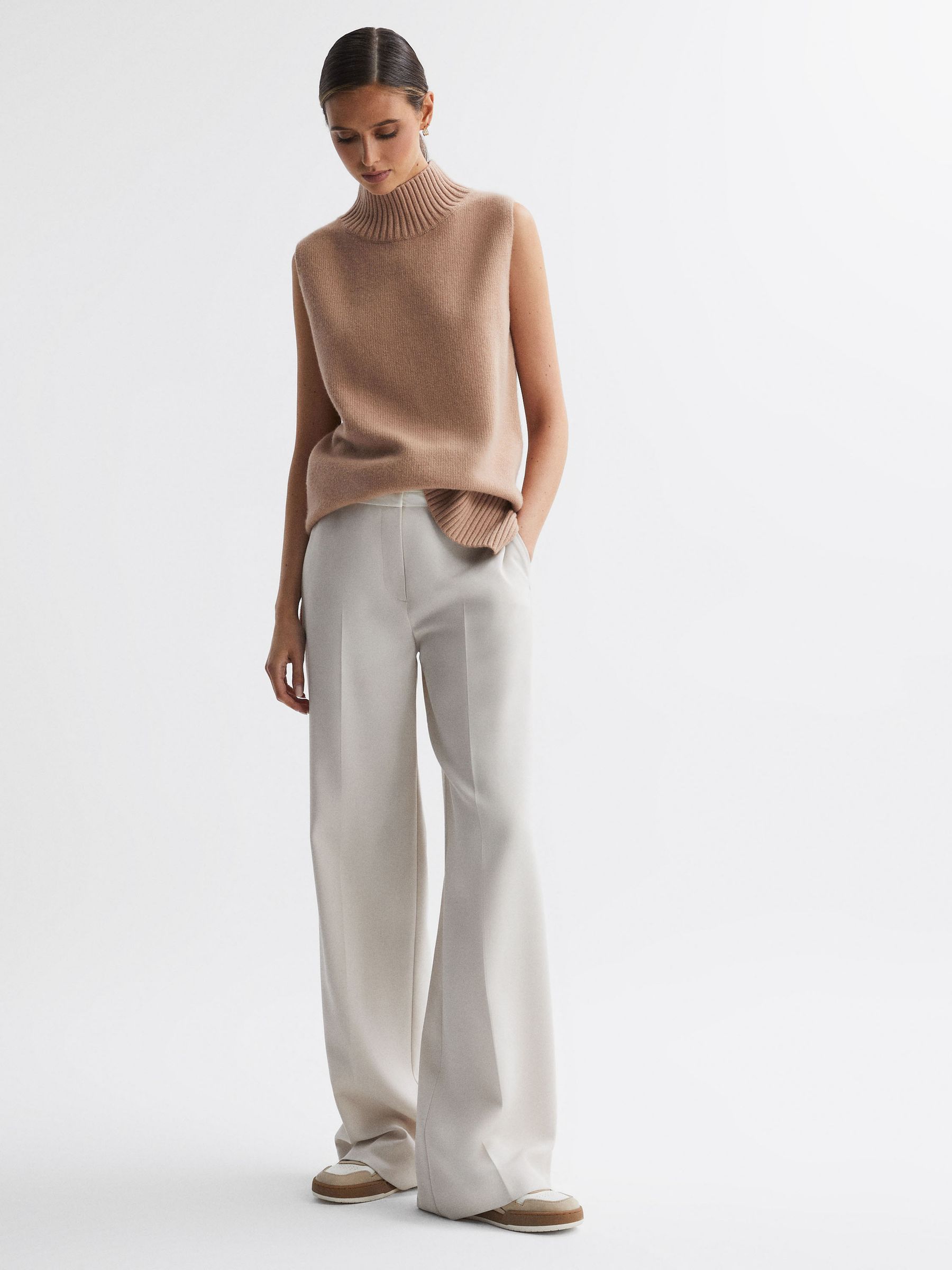 Casual Wool-Cashmere Funnel Neck Sleeveless Top in Camel - Image 6 of 7
