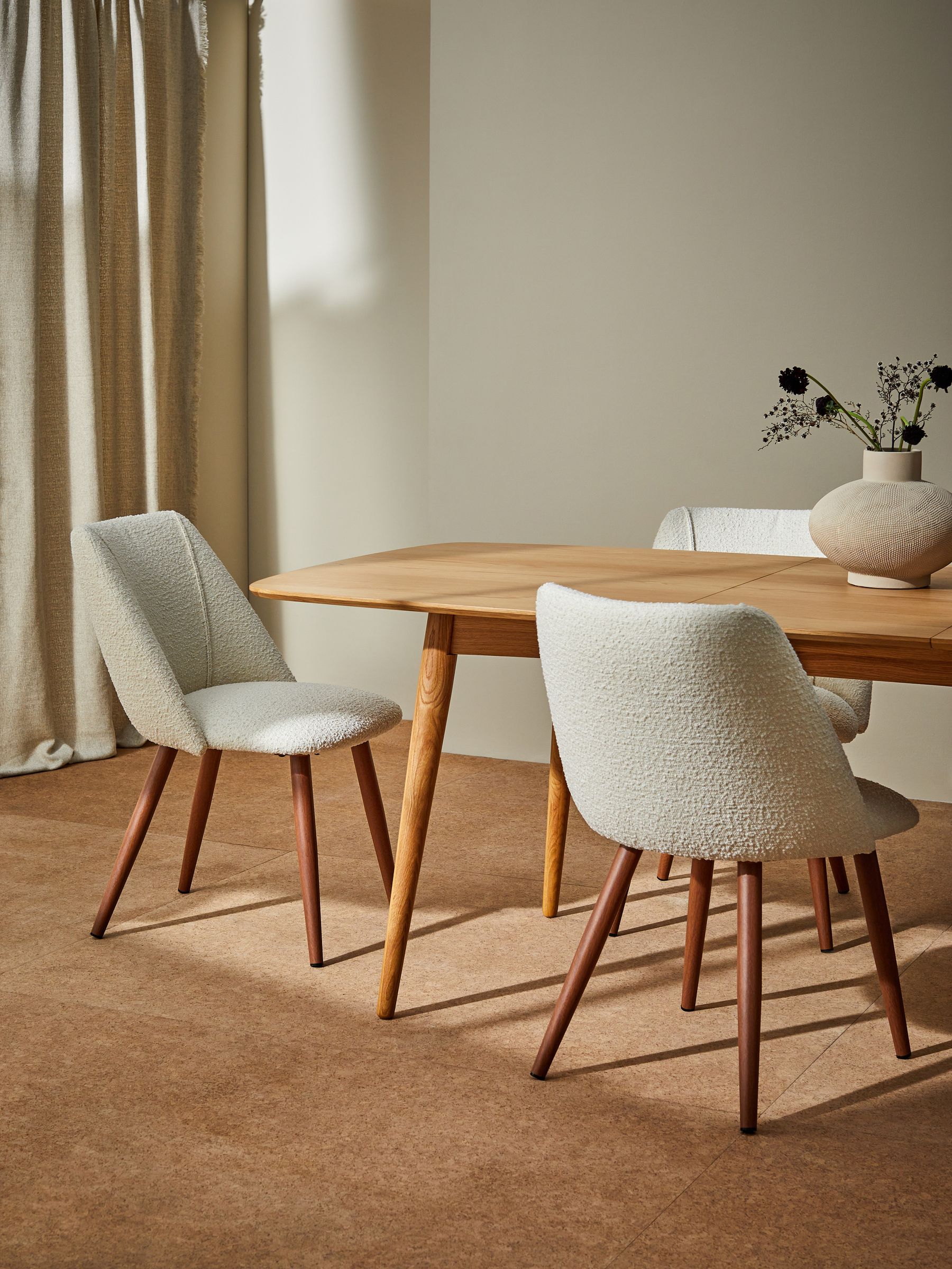 Set of 2 Lule Non Arm Dining Chairs in White Boucle and Walnut Legs - Image 1 of 3