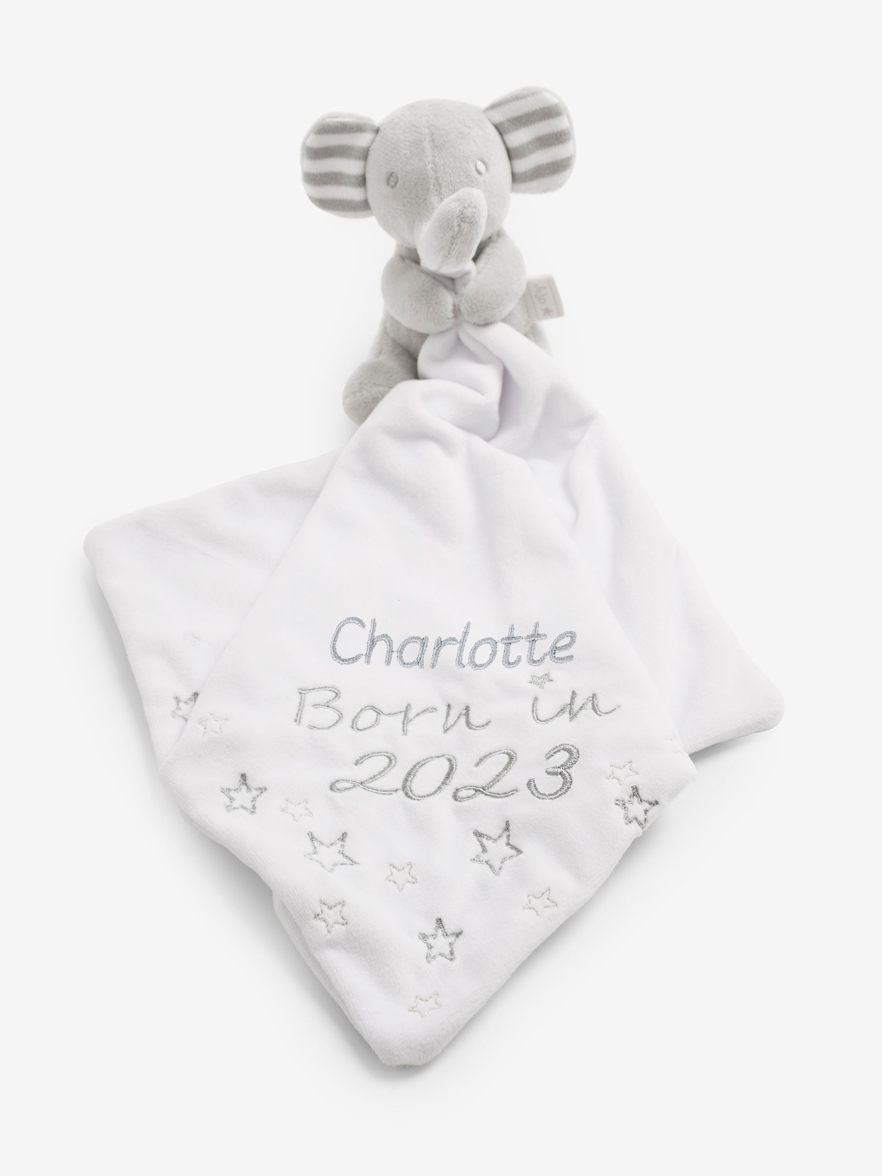 Personalised Born in 2023 Elephant Comforter in Grey - Image 2 of 3