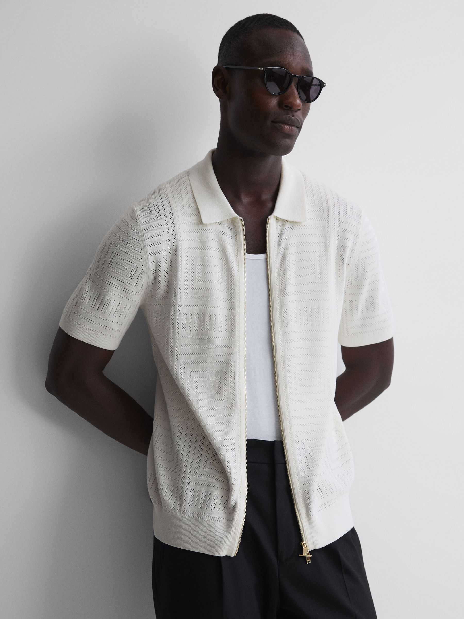 Knitted Dual Zip T-Shirt in Ecru - Image 1 of 5 Knitted Dual Zip T-Shirt in Ecru - Image 1 of 5