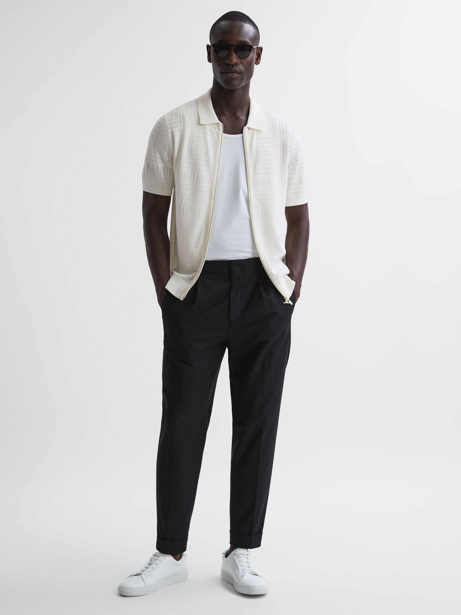 Knitted Dual Zip T-Shirt in Ecru - Image 3 of 5