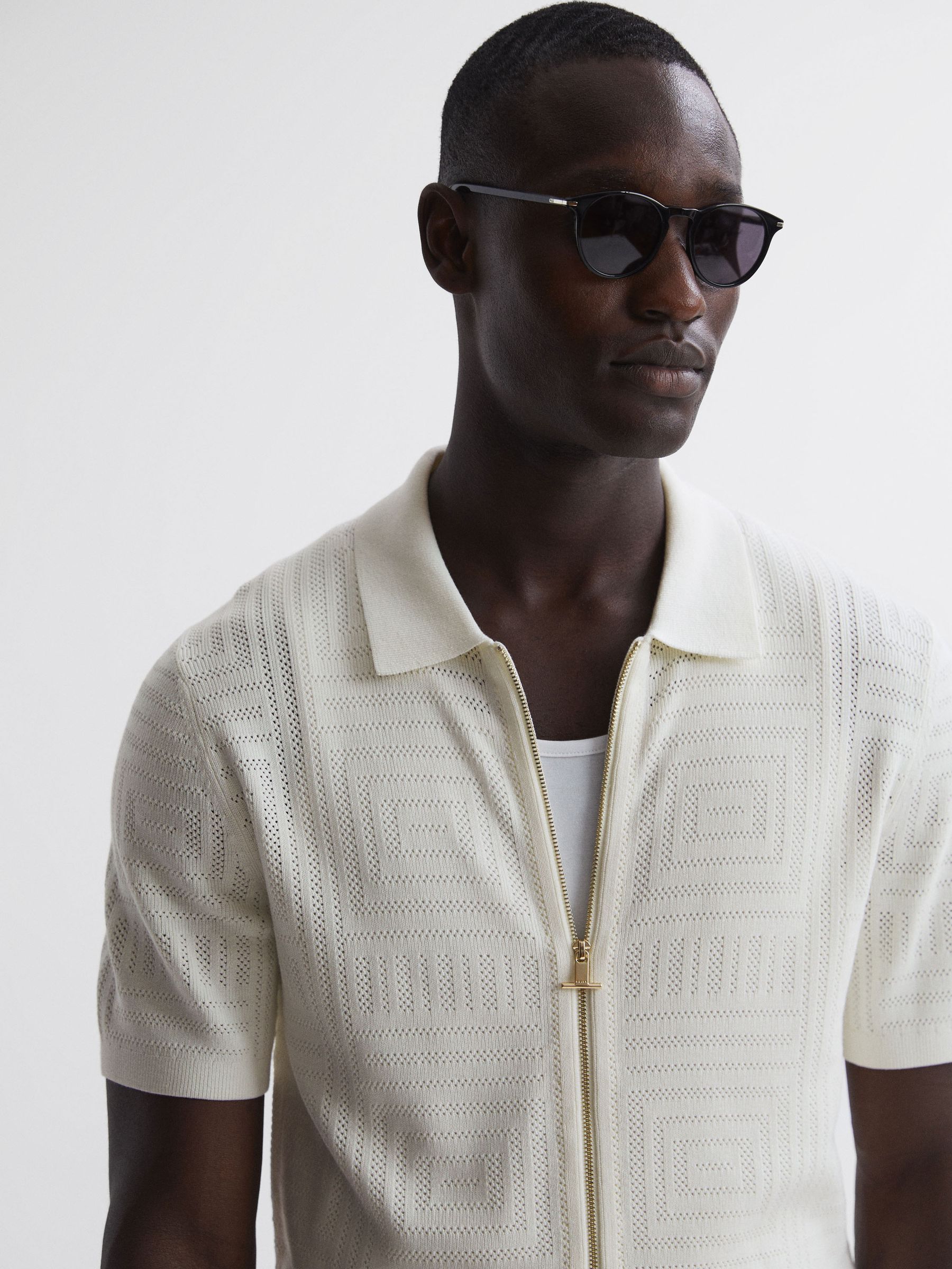 Knitted Dual Zip T-Shirt in Ecru - Image 4 of 5