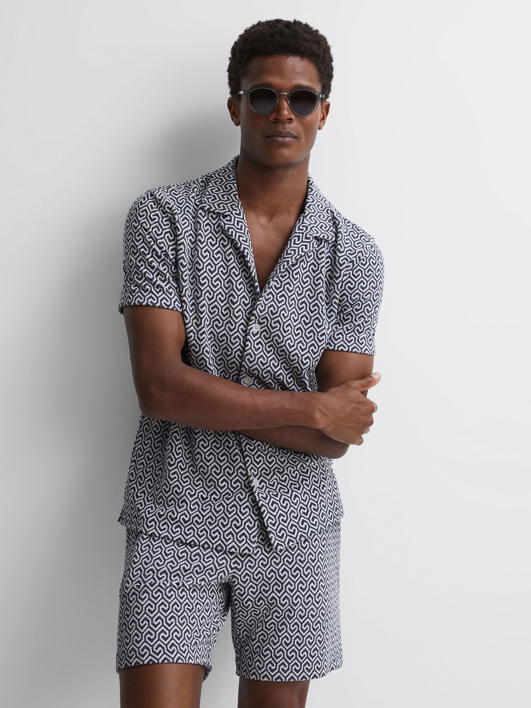 Slim Fit Terrycloth Cuban Collar Shirt in Navy/White - Image 1 of 4 Slim Fit Terrycloth Cuban Collar Shirt in Navy/White - Image 1 of 4