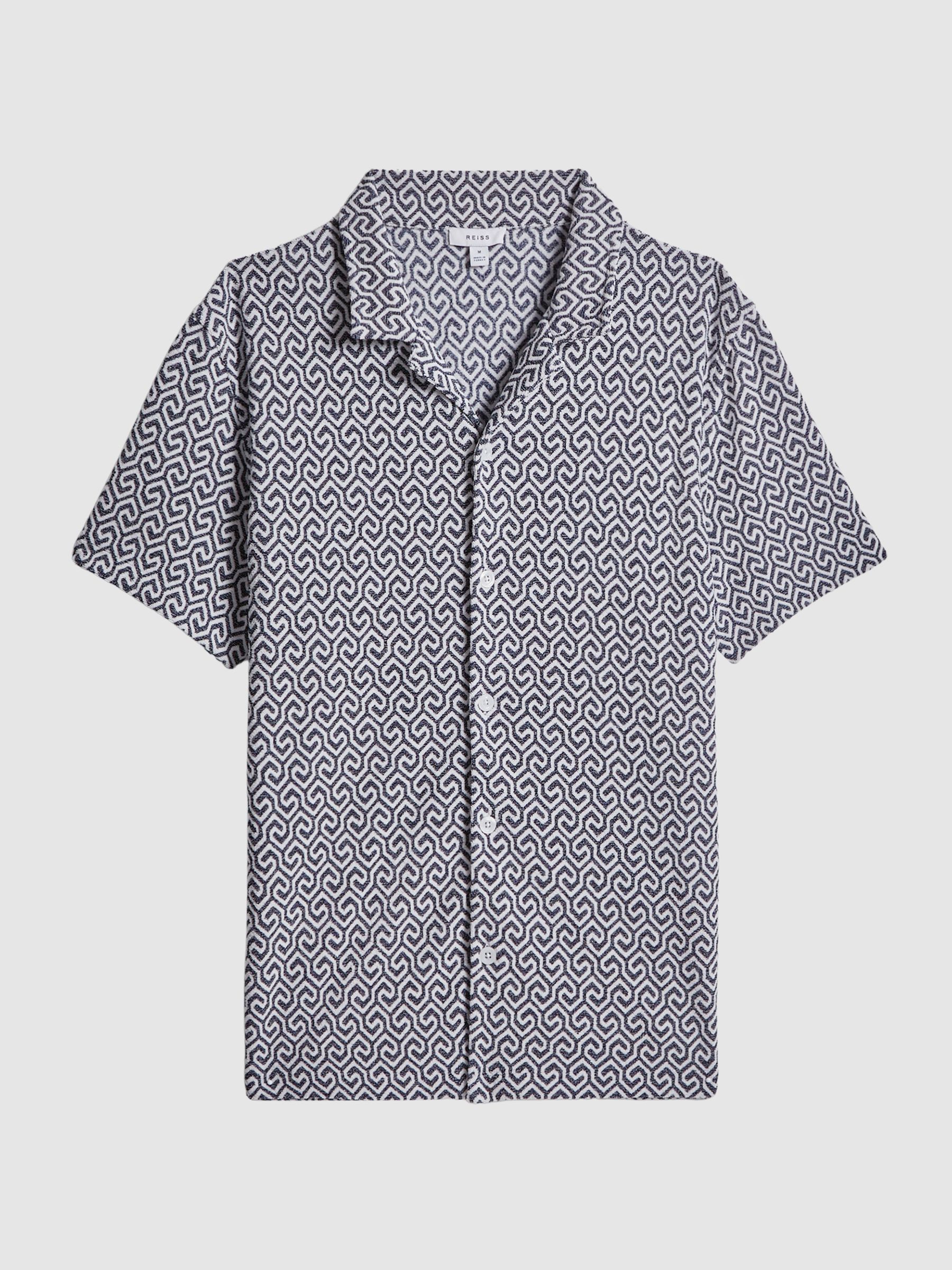 Slim Fit Terrycloth Cuban Collar Shirt in Navy/White - Image 2 of 4 Slim Fit Terrycloth Cuban Collar Shirt in Navy/White - Image 2 of 4