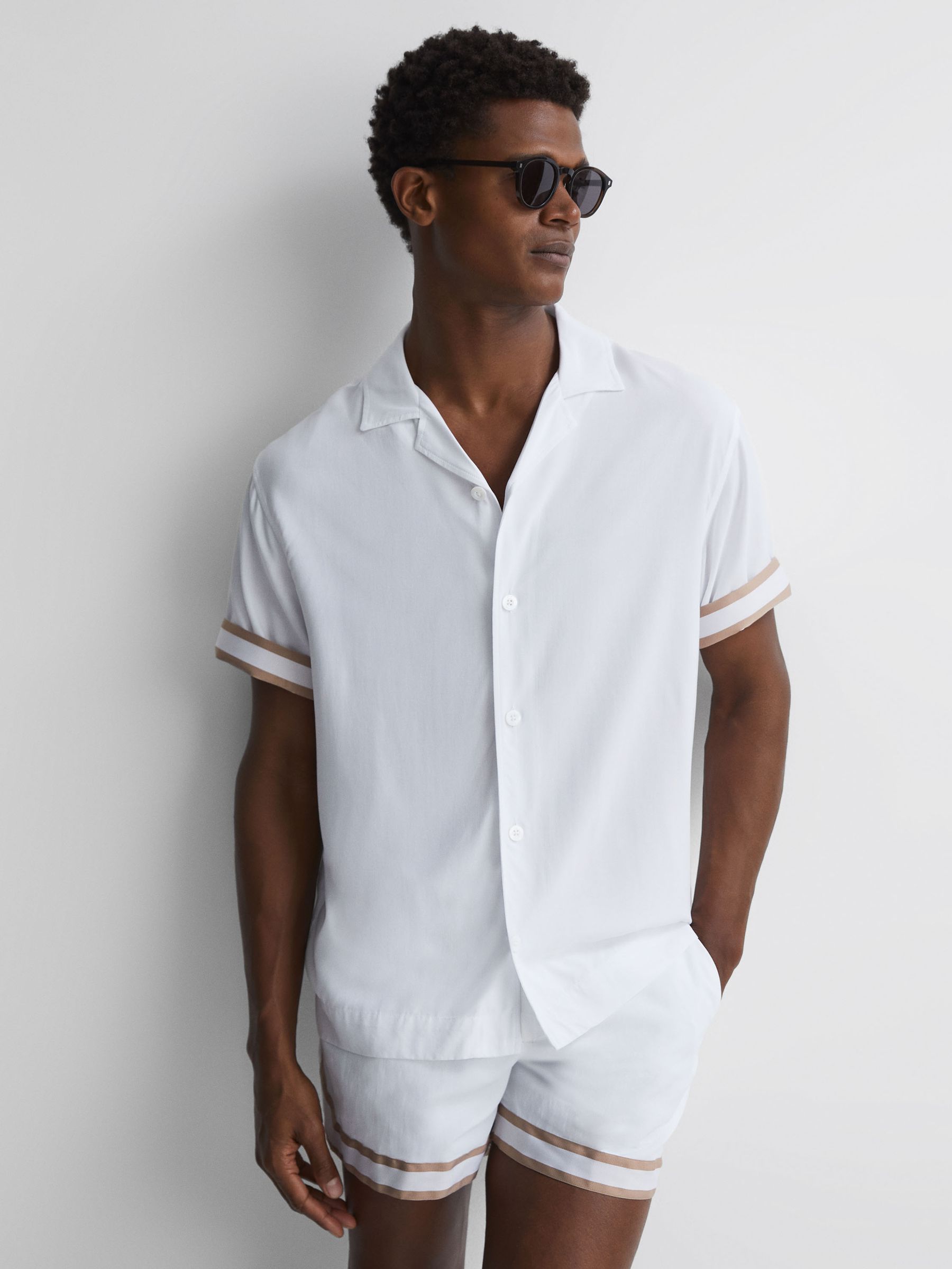Reiss | Ché Contrast Cuff Cuban Collar Shirt in White/Beige - Image 1 of 5 Reiss | Ché Contrast Cuff Cuban Collar Shirt in White/Beige - Image 1 of 5