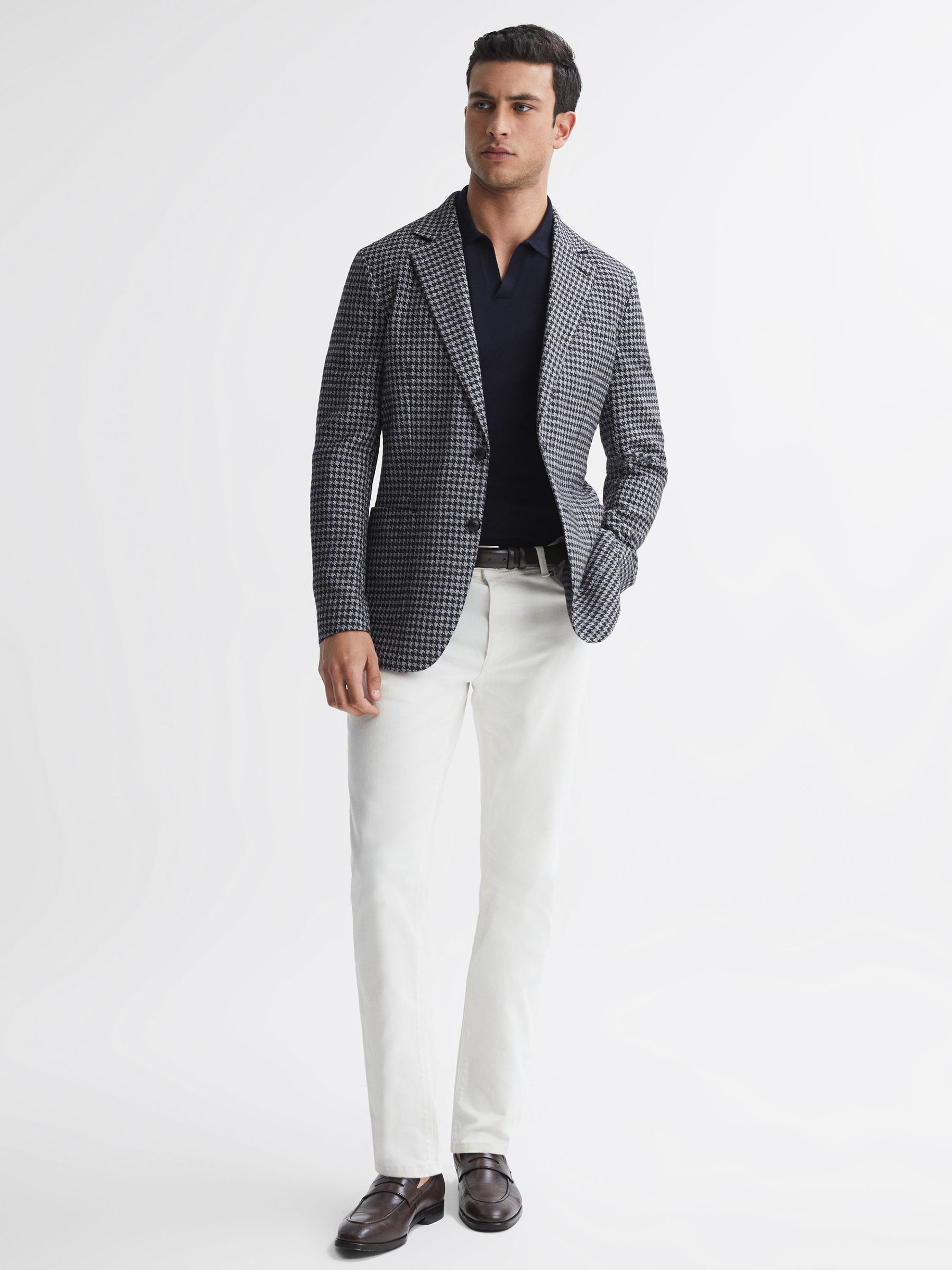 Slim Fit Wool Blend Dogtooth Blazer in Navy - Image 1 of 6