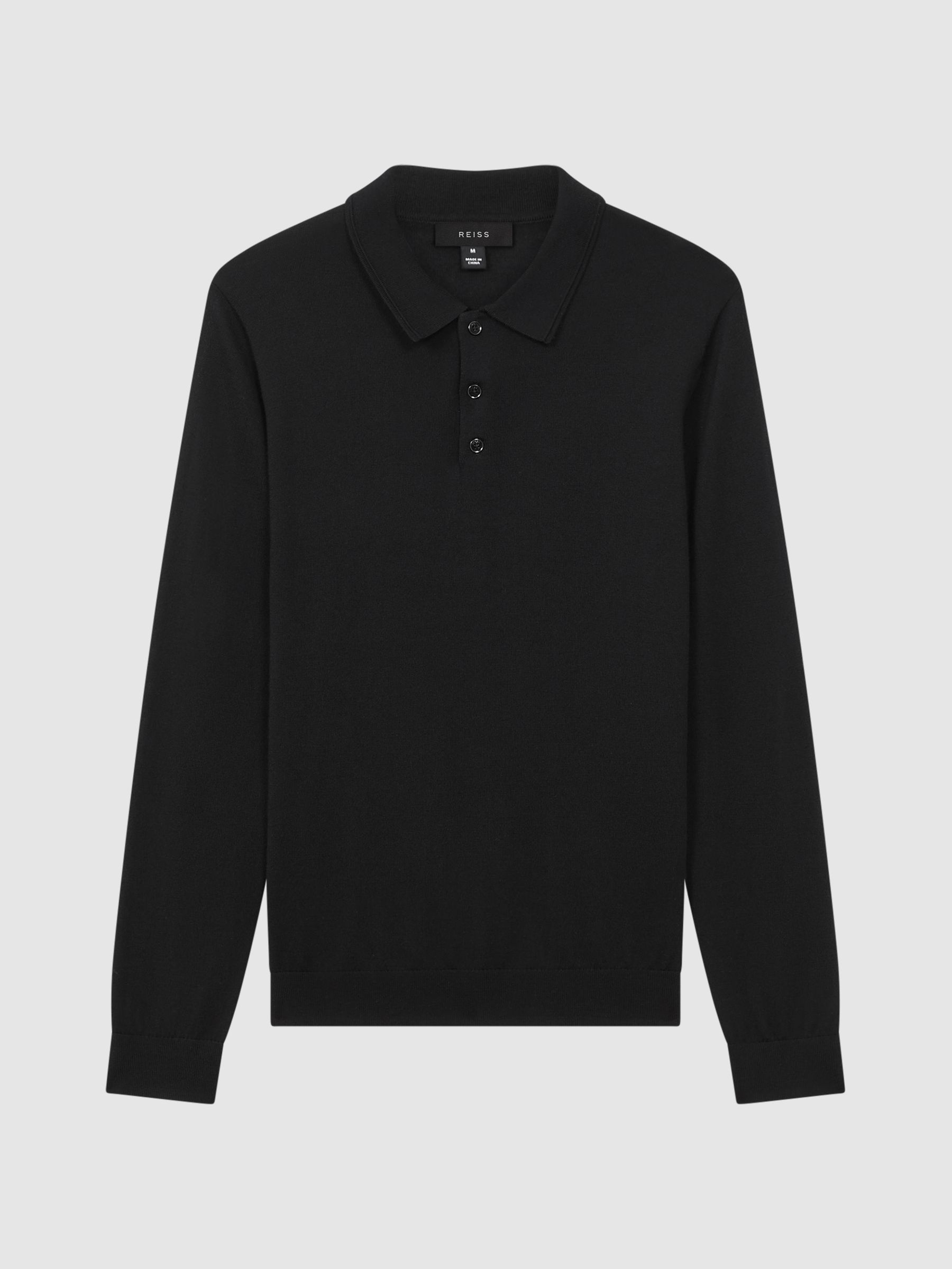 Merino Wool Polo Shirt in Black - Image 2 of 6