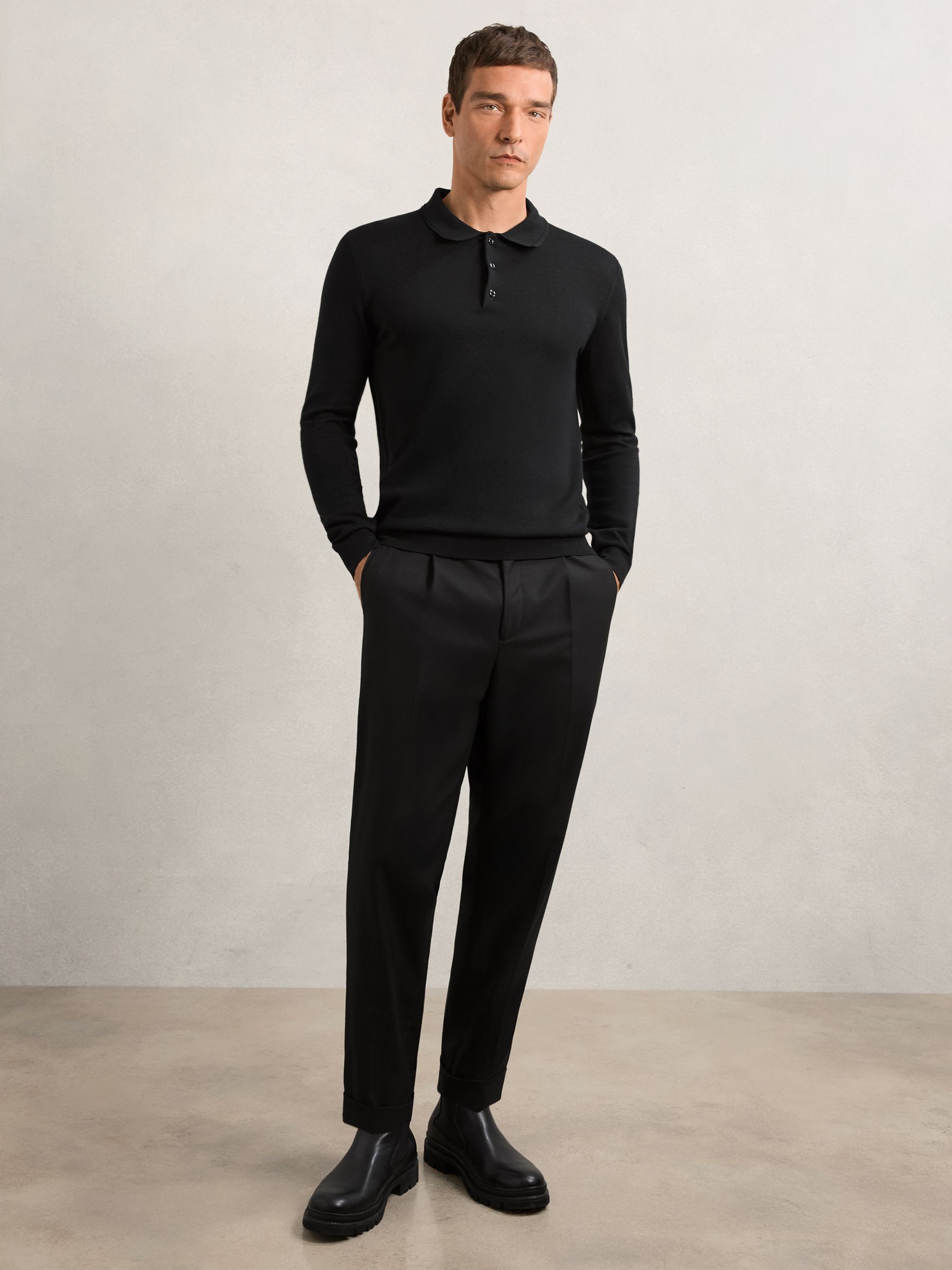 Wool Long-Sleeve Polo Shirt in Black - image 3