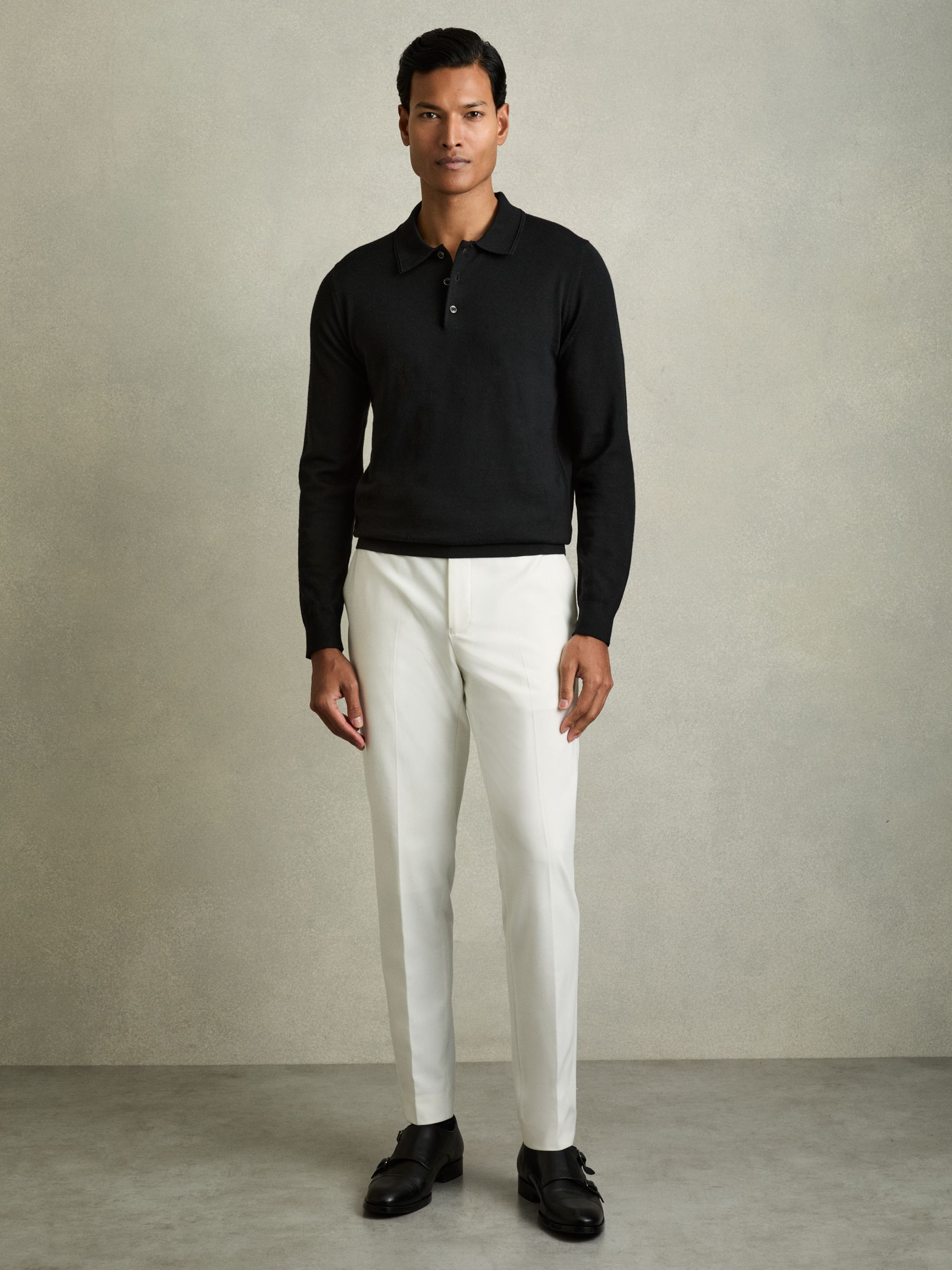 Merino Wool Polo Shirt in Black - Image 3 of 6