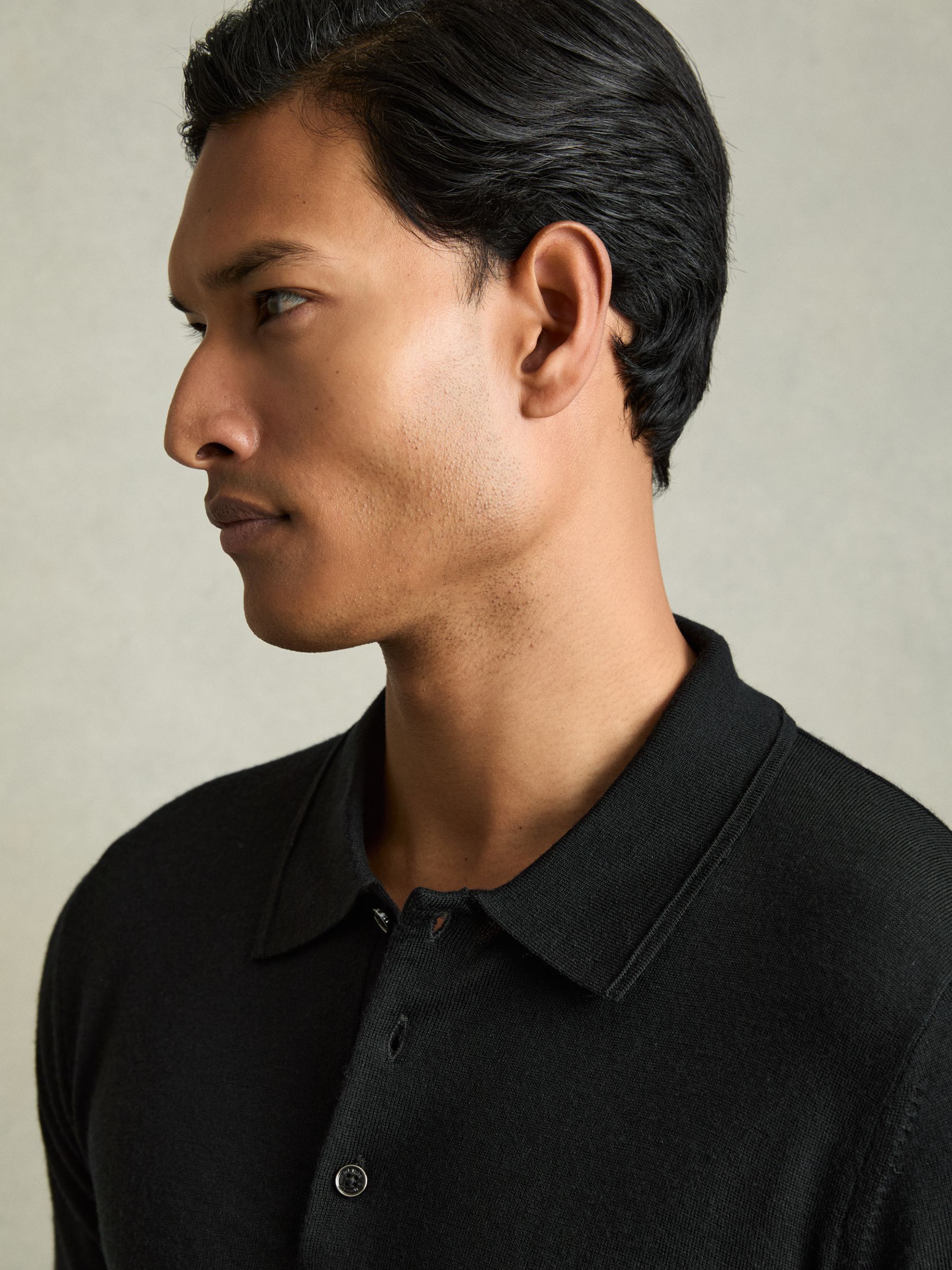 Merino Wool Polo Shirt in Black - Image 4 of 6