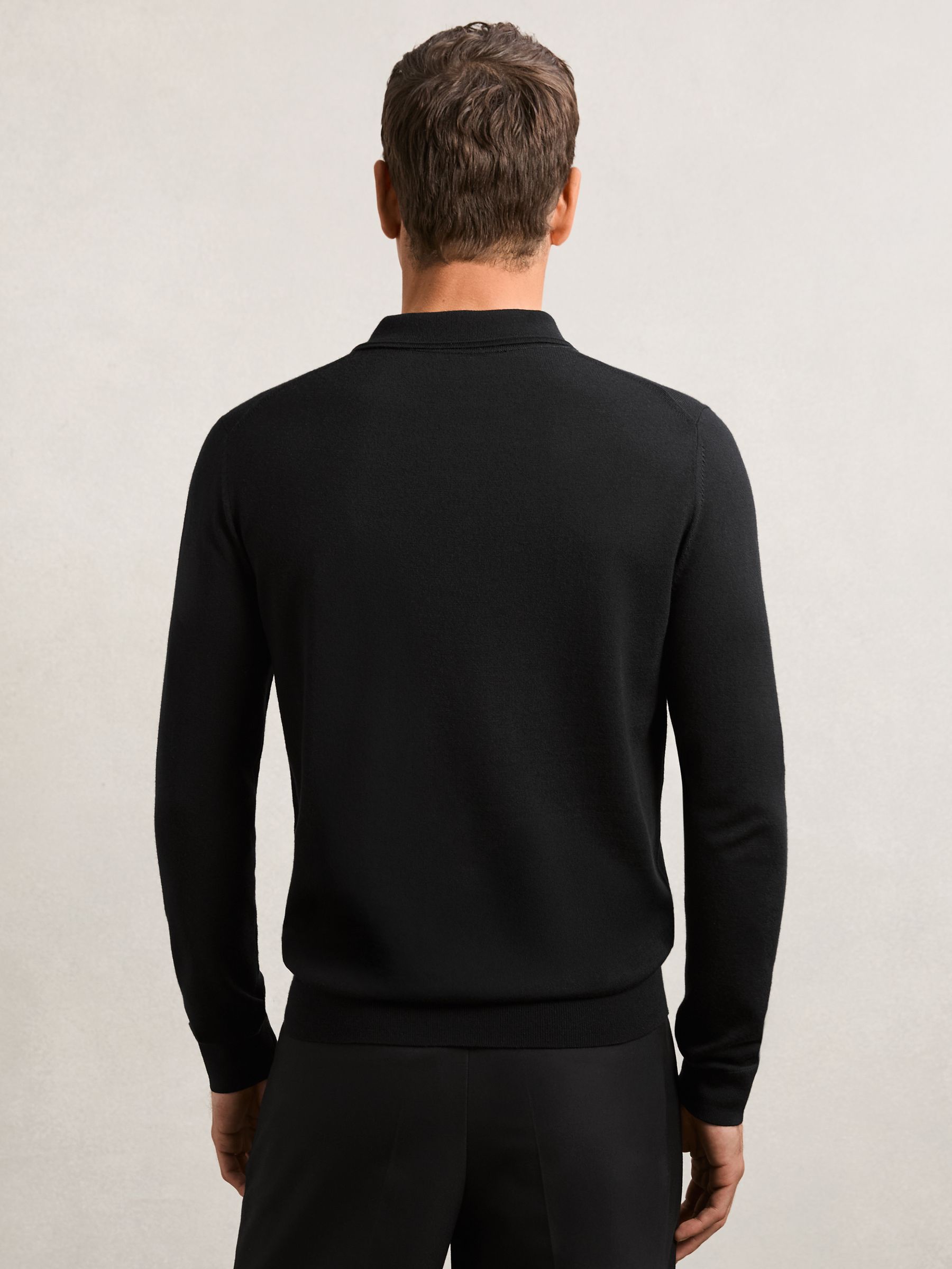 Wool Long-Sleeve Polo Shirt in Black - image 4