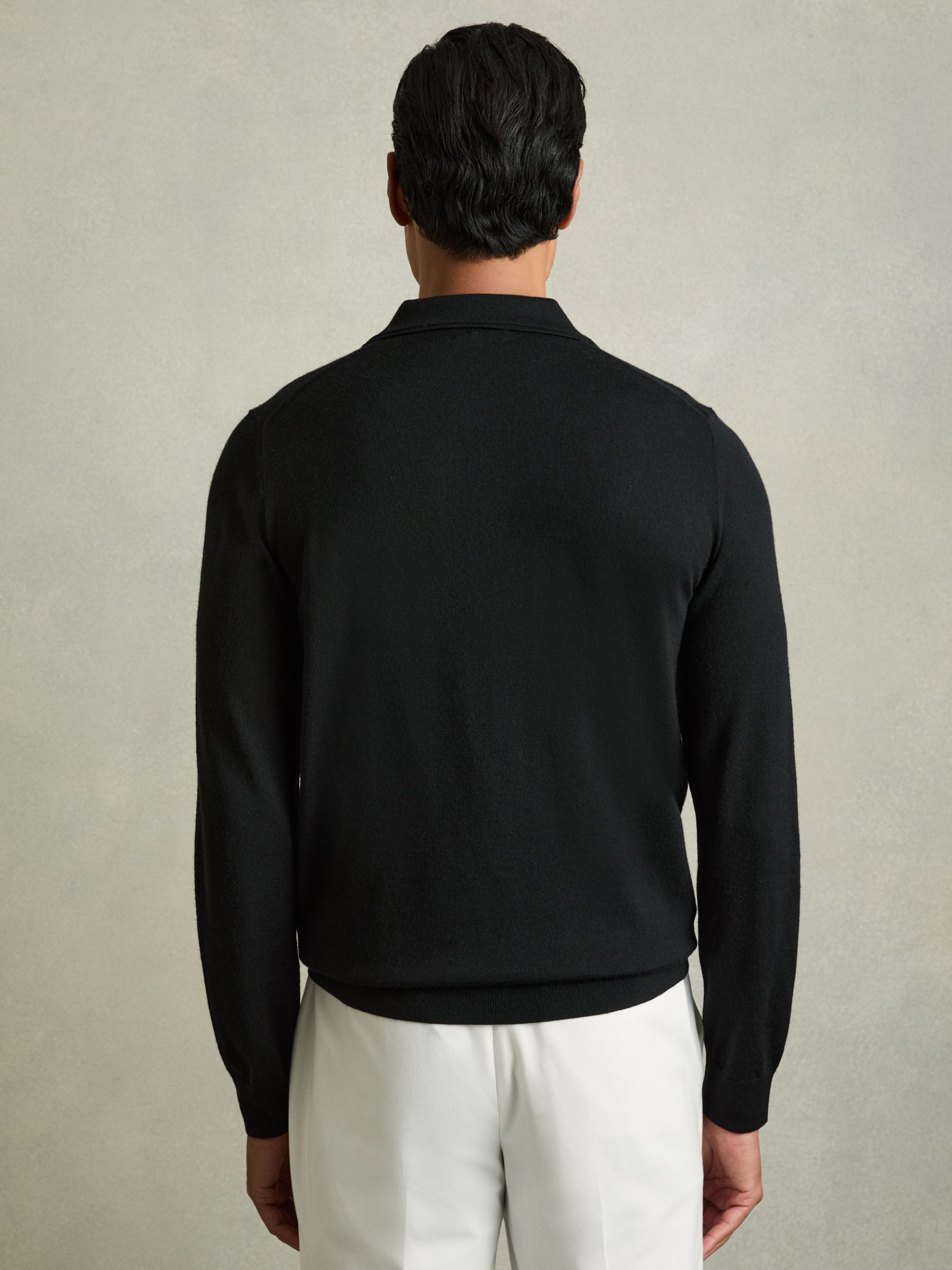 Merino Wool Polo Shirt in Black - Image 5 of 6
