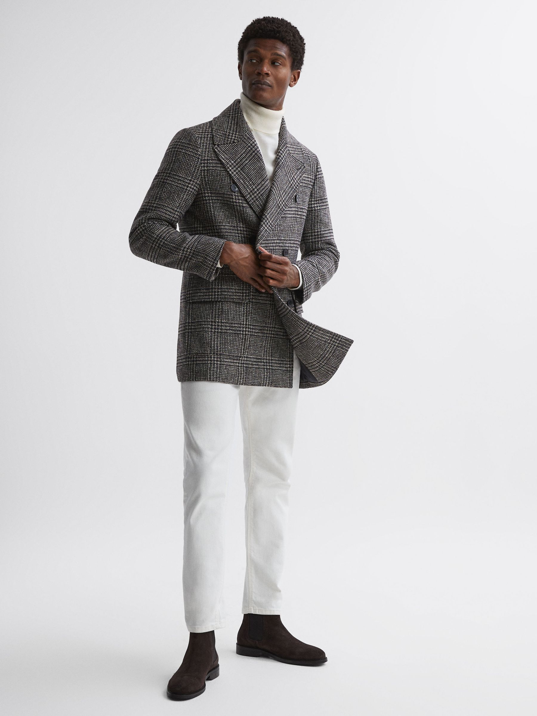 Wool Double Breasted Check Coat in Black/Brown - Image 4 of 6