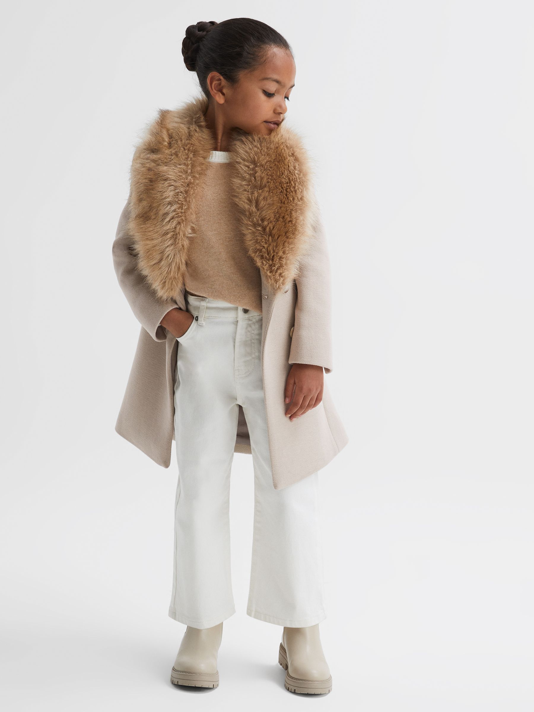 Senior Fur Collar Wool Coat in Oatmeal - Image 1 of 7