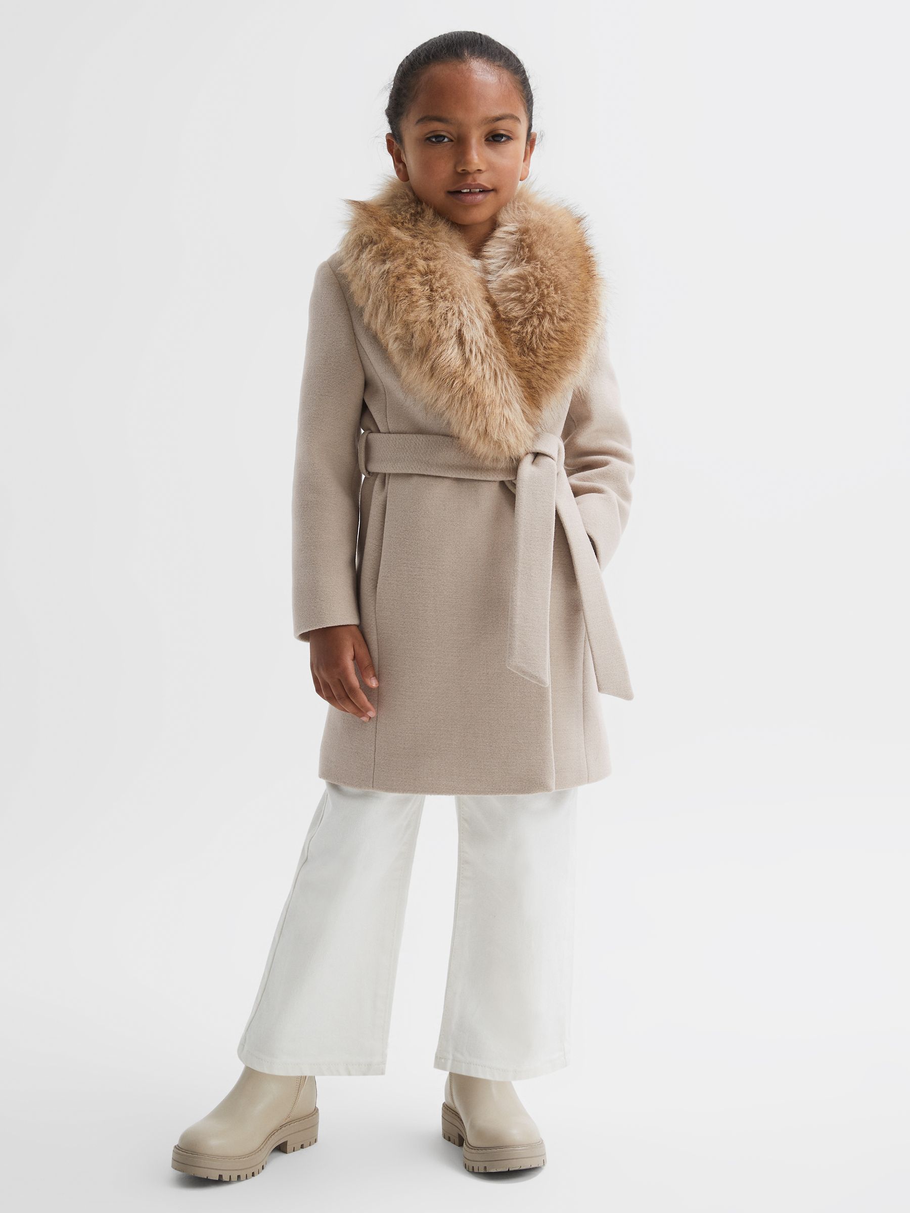 Reiss Junior Fur Collar Wool Coat in Oatmeal | REISS