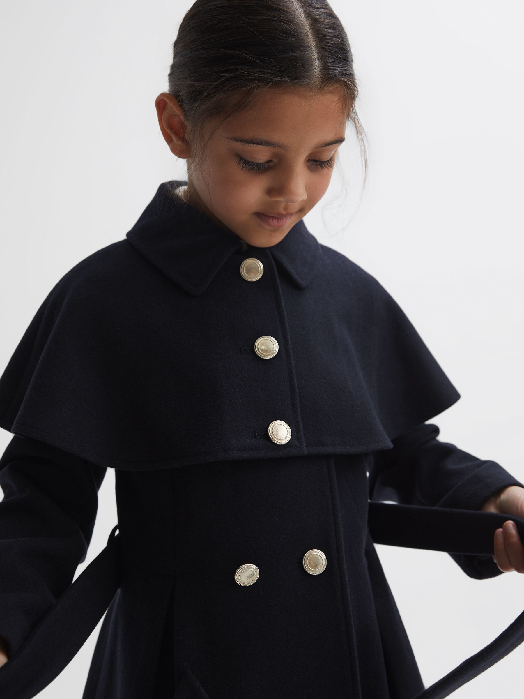 ゴ*リ様 OVERCOAT Cape Shoulder Overcoat - B Reiss 9-14 yrs Wool Shoulder Cape Coat in Navy | REISS
