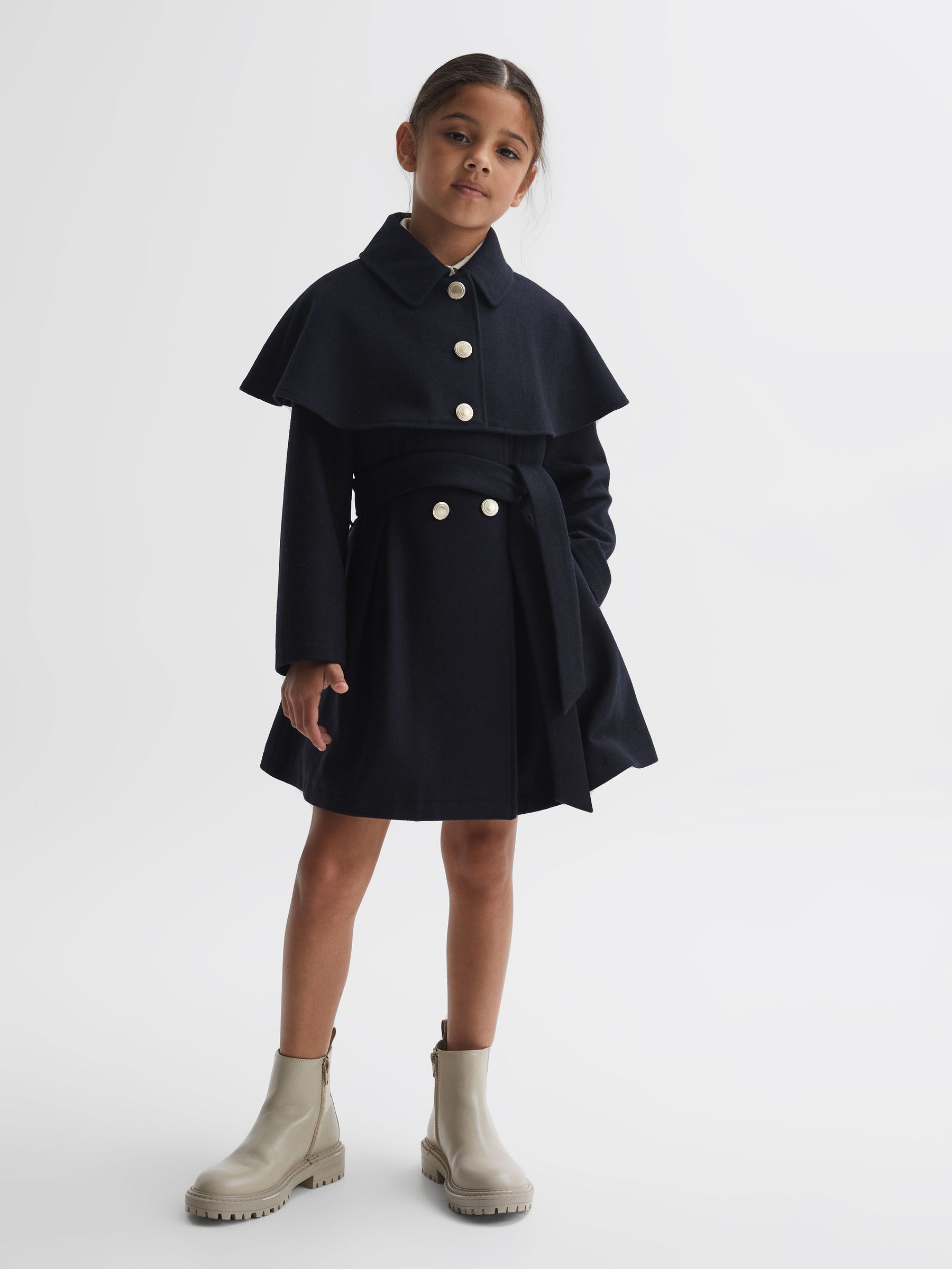 Reiss 9-14 yrs Wool Shoulder Cape Coat in Navy | REISS