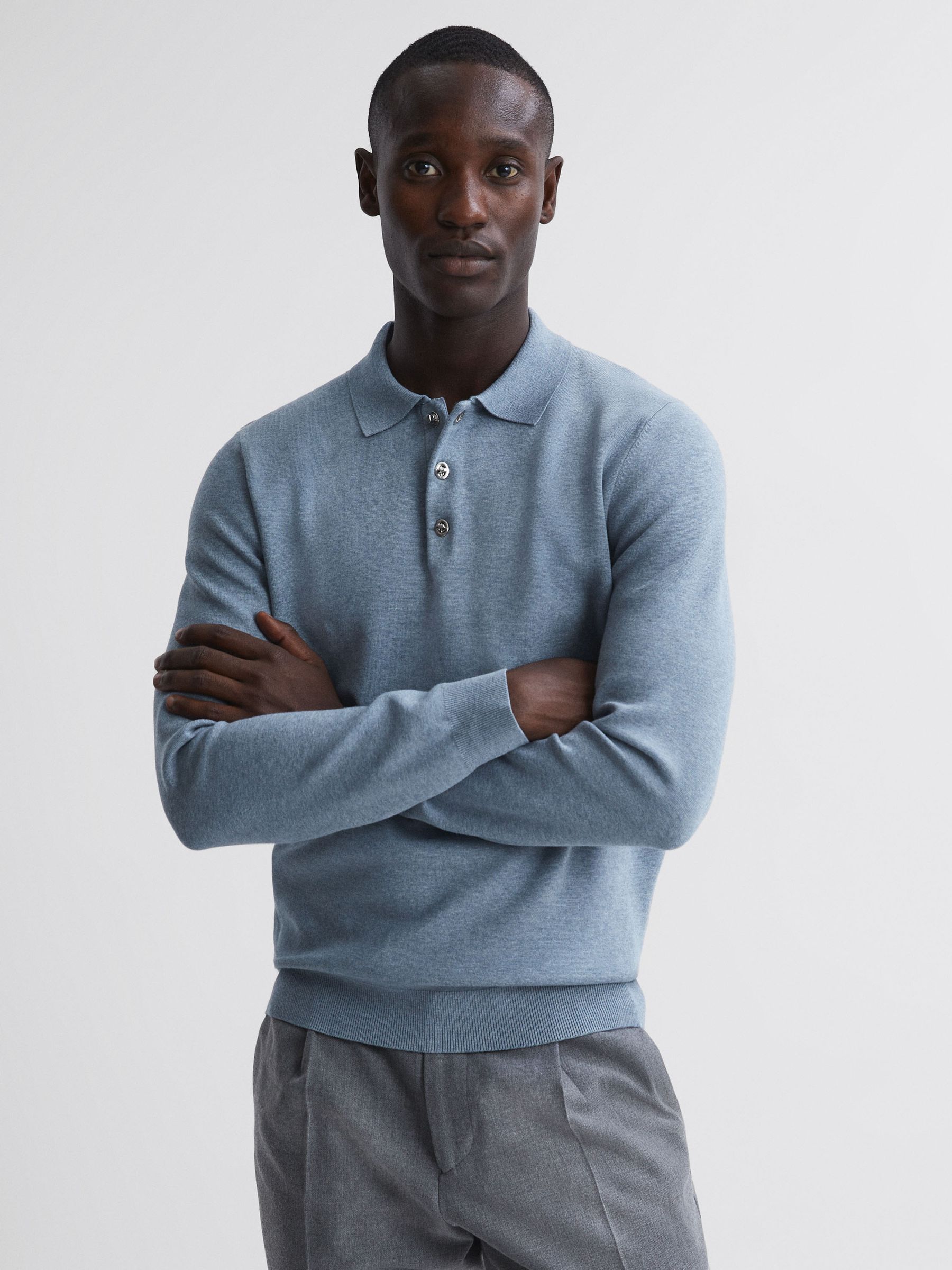 Long Sleeve Polo Shirt in Blue Melange - Image 1 of 1
