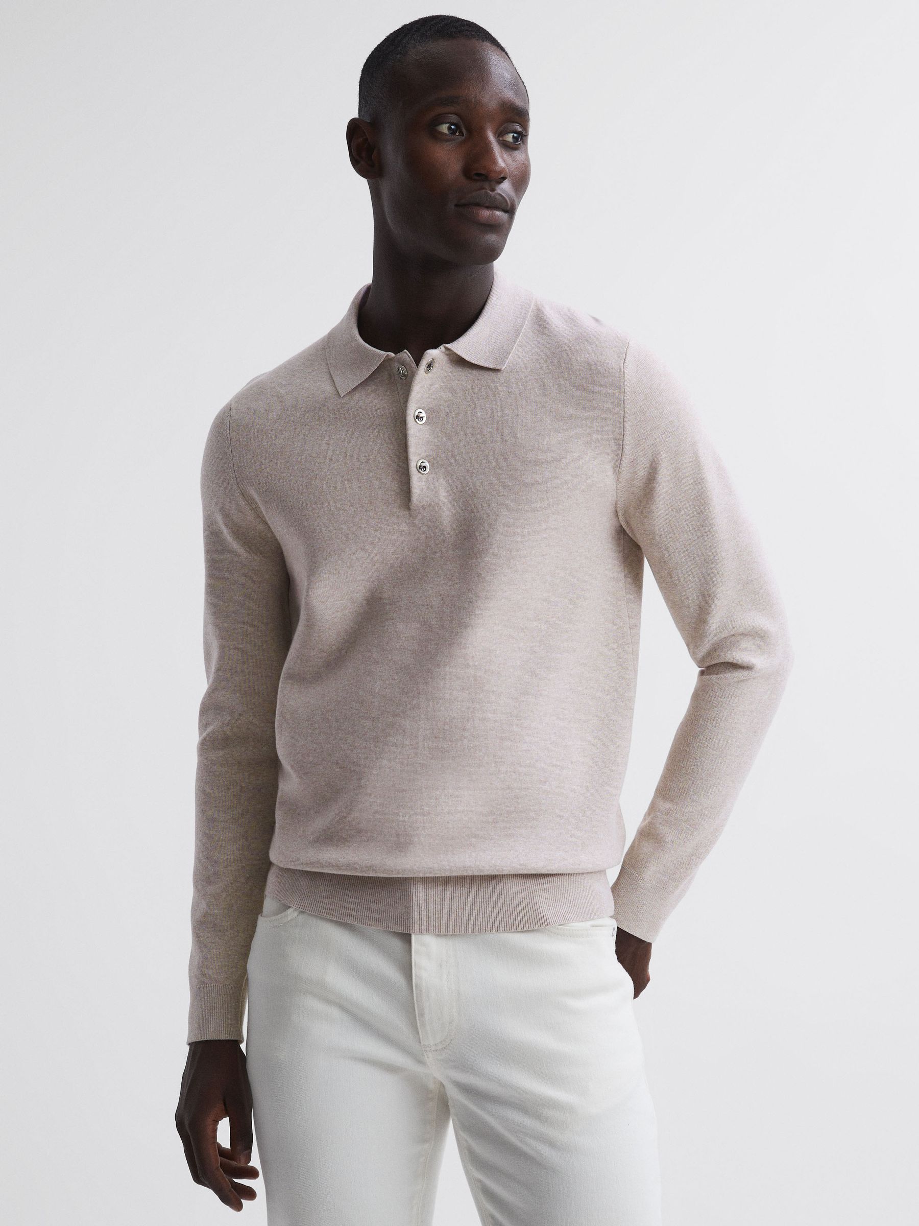 Long Sleeve Polo Shirt in Oatmeal Melange - Image 1 of 6
