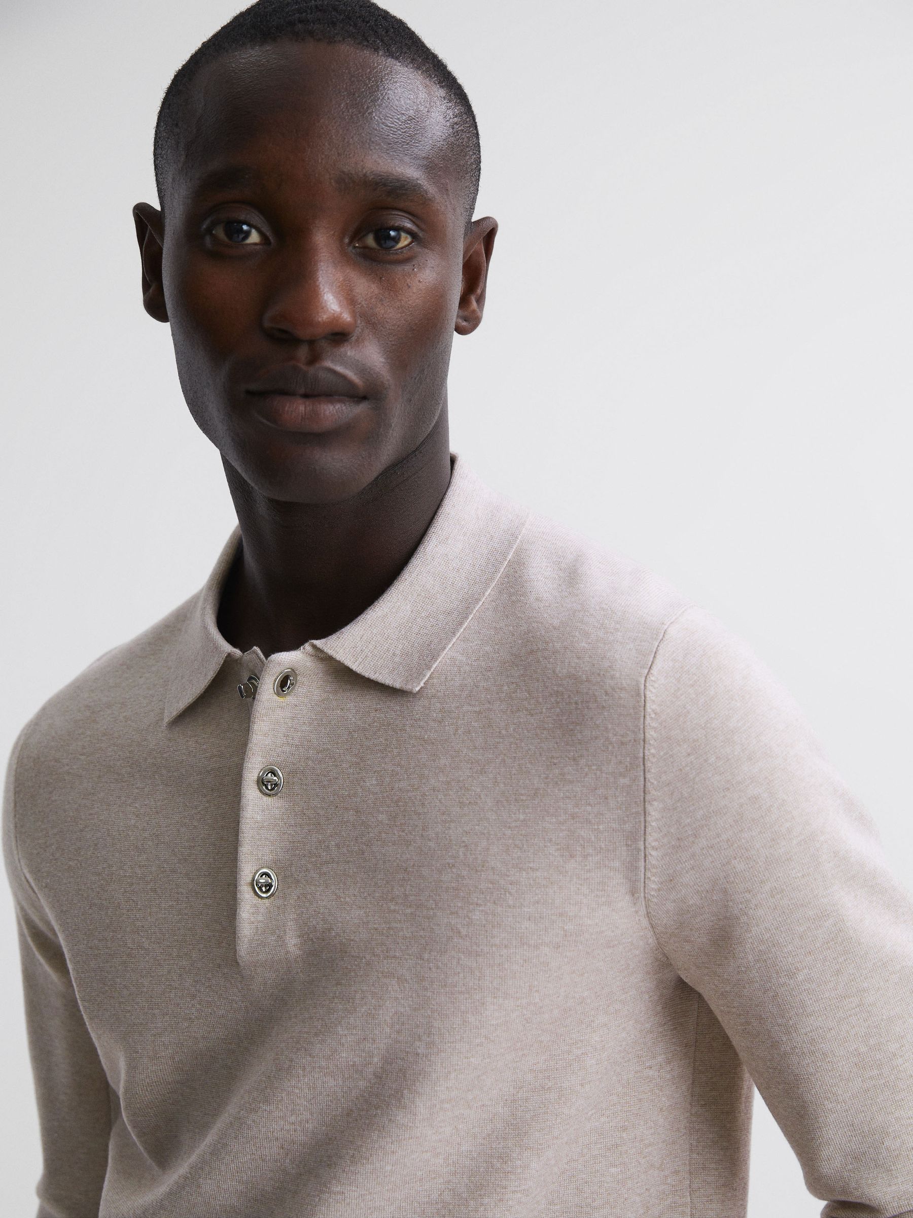 Long Sleeve Polo Shirt in Oatmeal Melange - Image 4 of 6