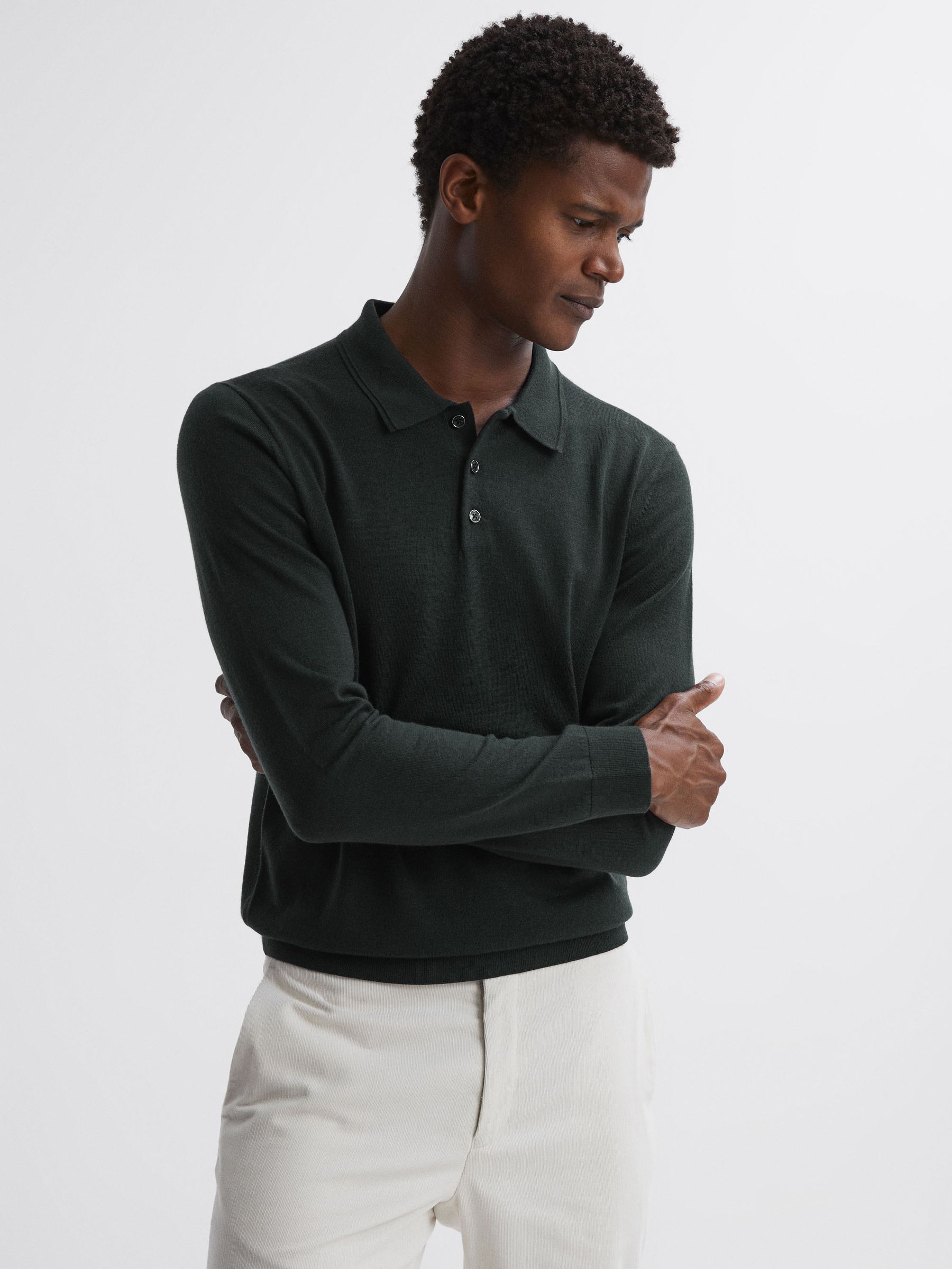 Merino Wool Polo Shirt in Forest - Image 1 of 4