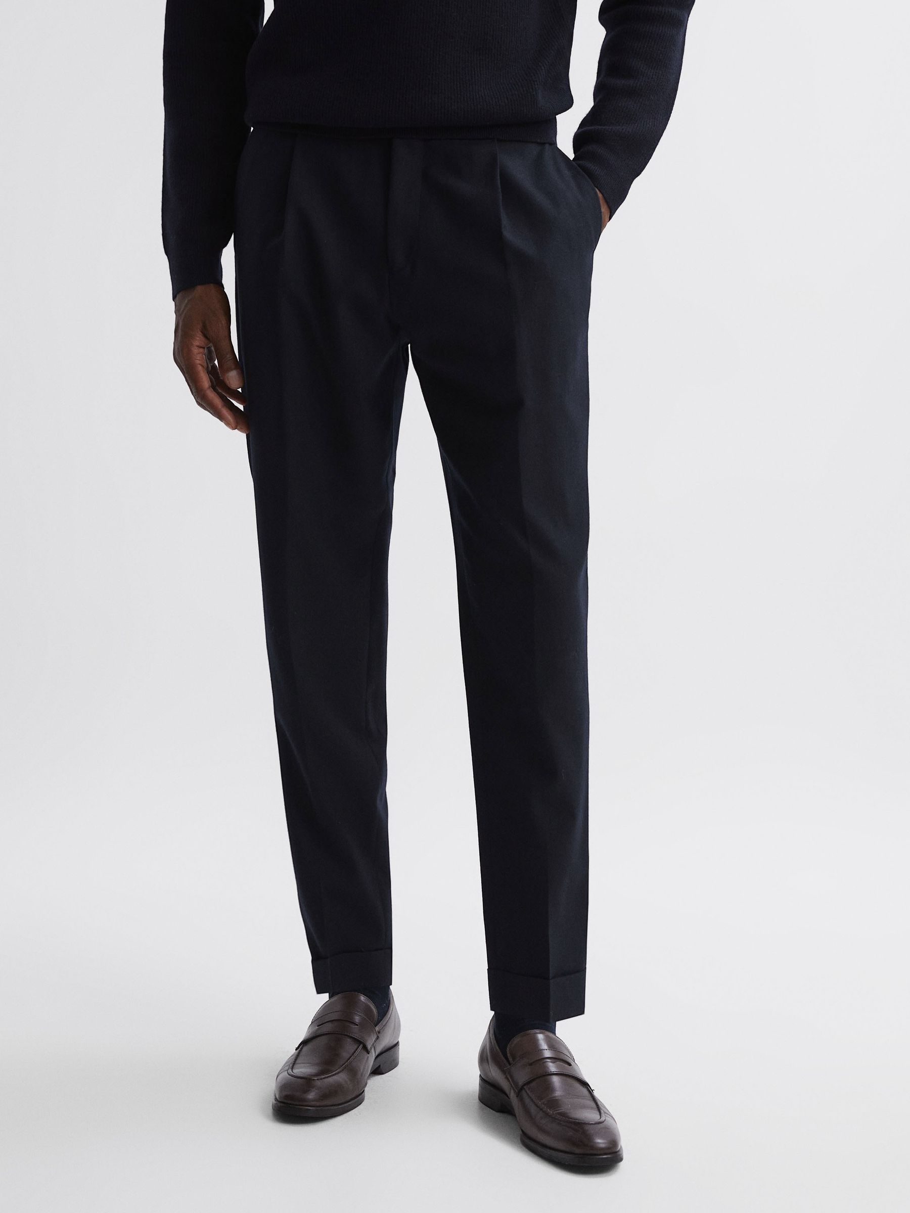 Slim Fit Brushed Wool Trousers in Navy - Image 1 of 4