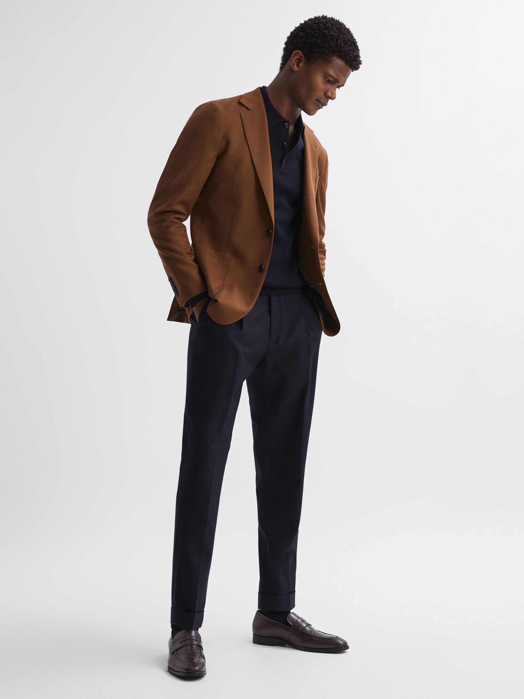 Slim Fit Brushed Wool Trousers in Navy - Image 3 of 4