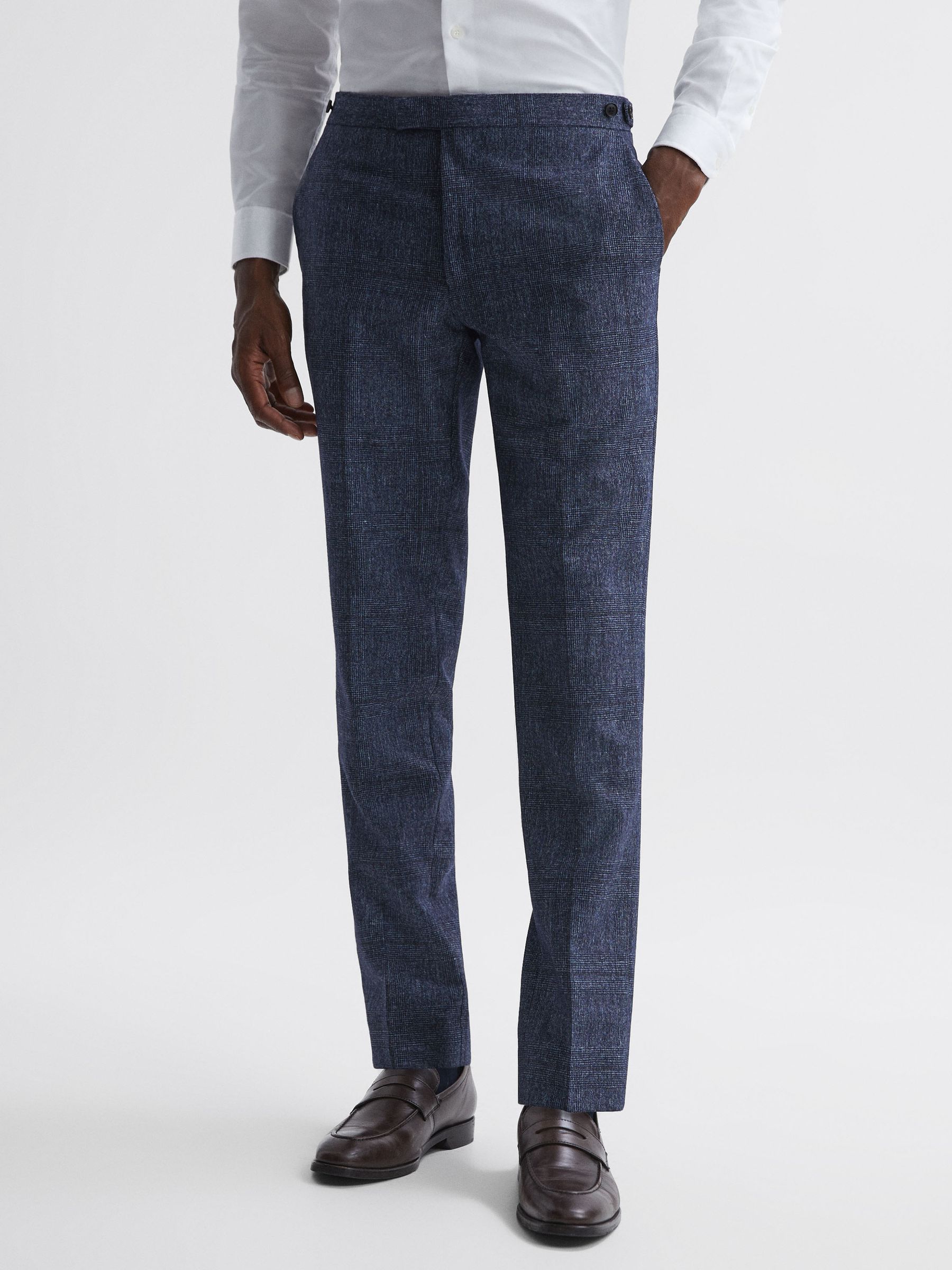 Slim Fit Wool-Linen Check Trousers in Indigo - Image 1 of 4