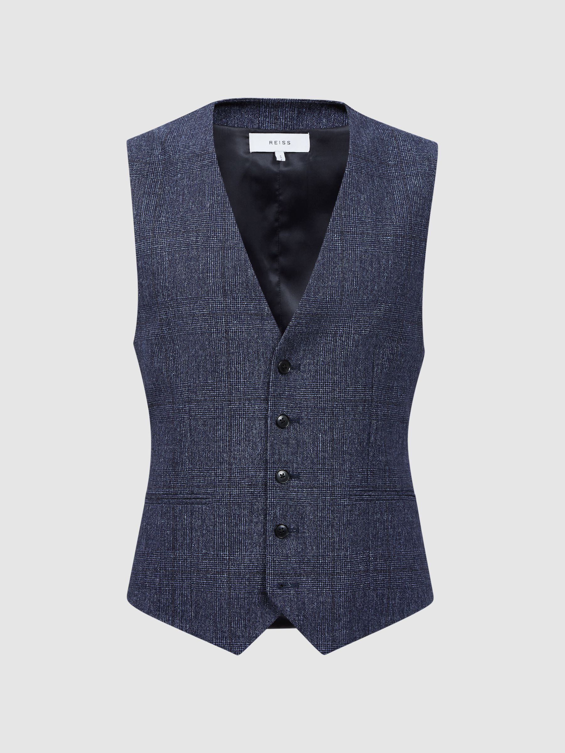 Slim Fit Wool-Linen Check Waistcoat in Indigo - Image 2 of 4