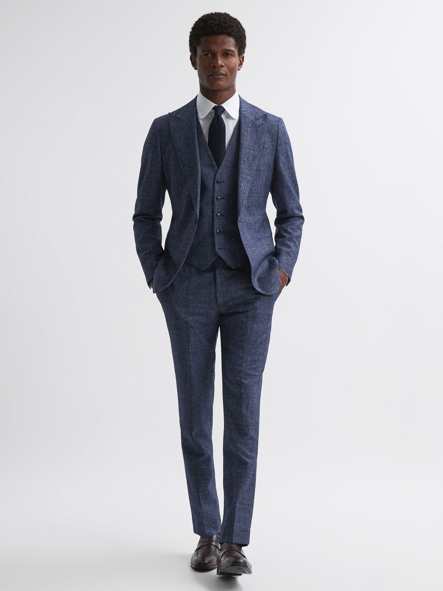 Slim Fit Wool-Linen Check Waistcoat in Indigo - Image 3 of 4