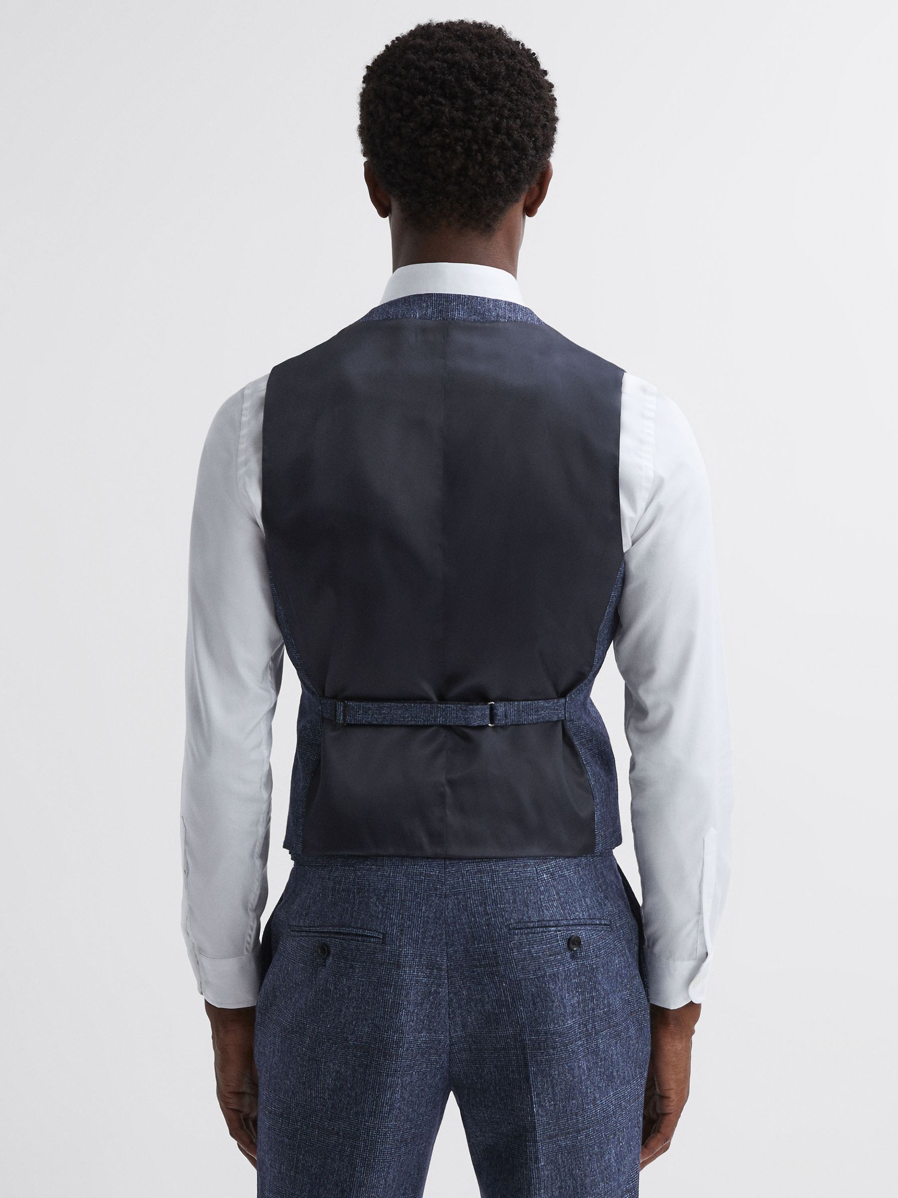 Slim Fit Wool-Linen Check Waistcoat in Indigo - Image 4 of 4
