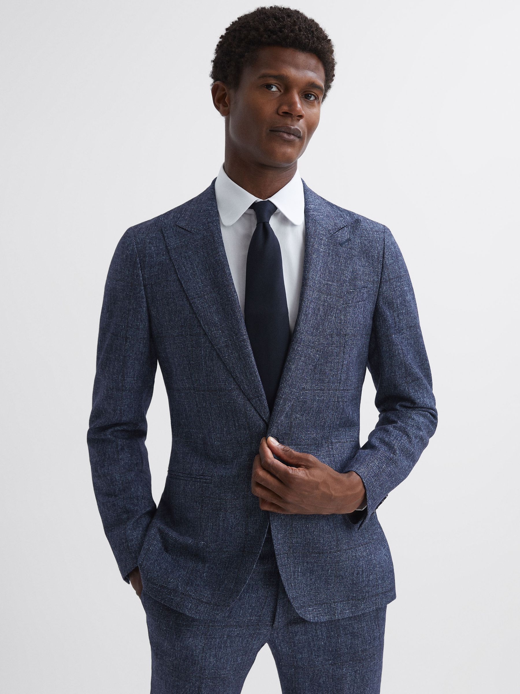 Slim Fit Single Breasted Wool-Linen Check Blazer in Indigo - Image 1 of 6