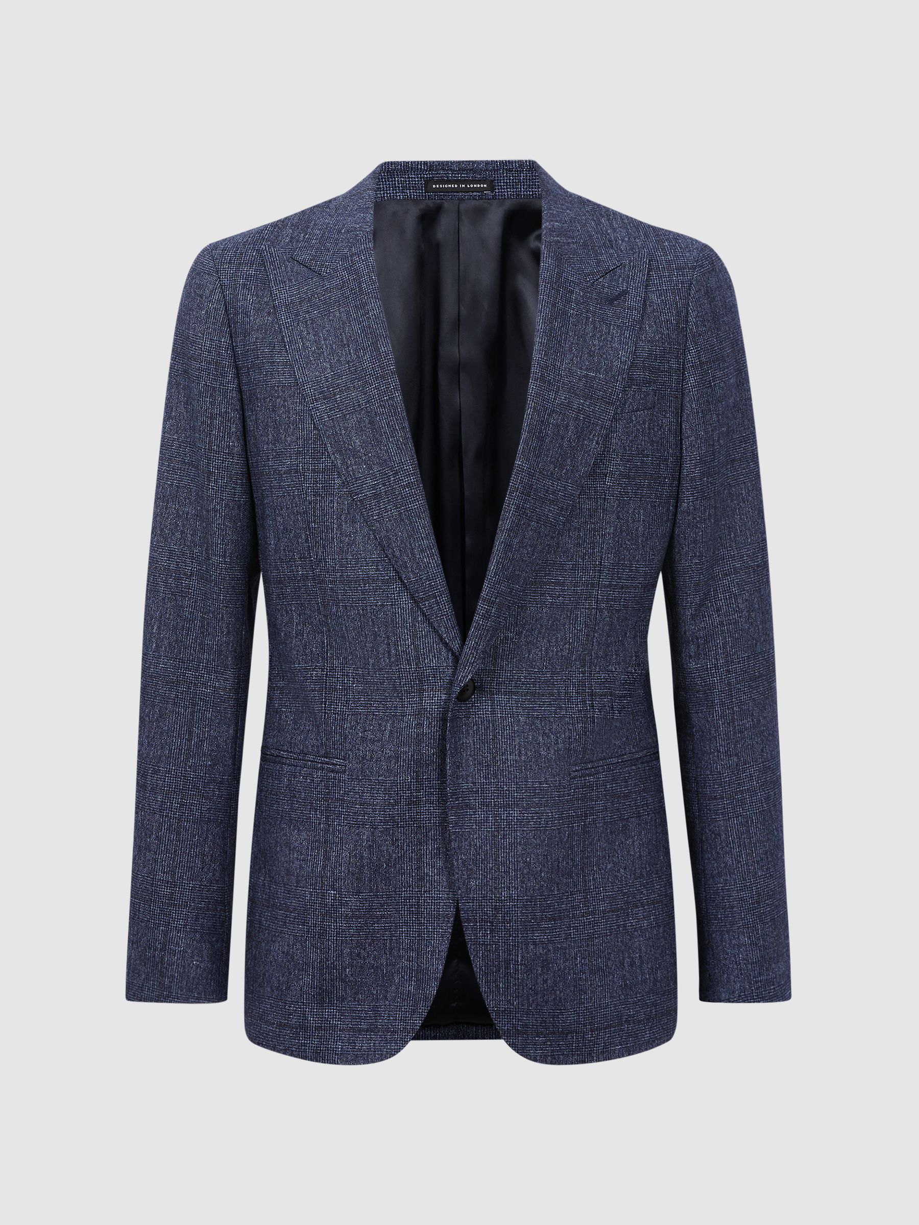 Slim Fit Single Breasted Wool-Linen Check Blazer in Indigo - Image 2 of 6