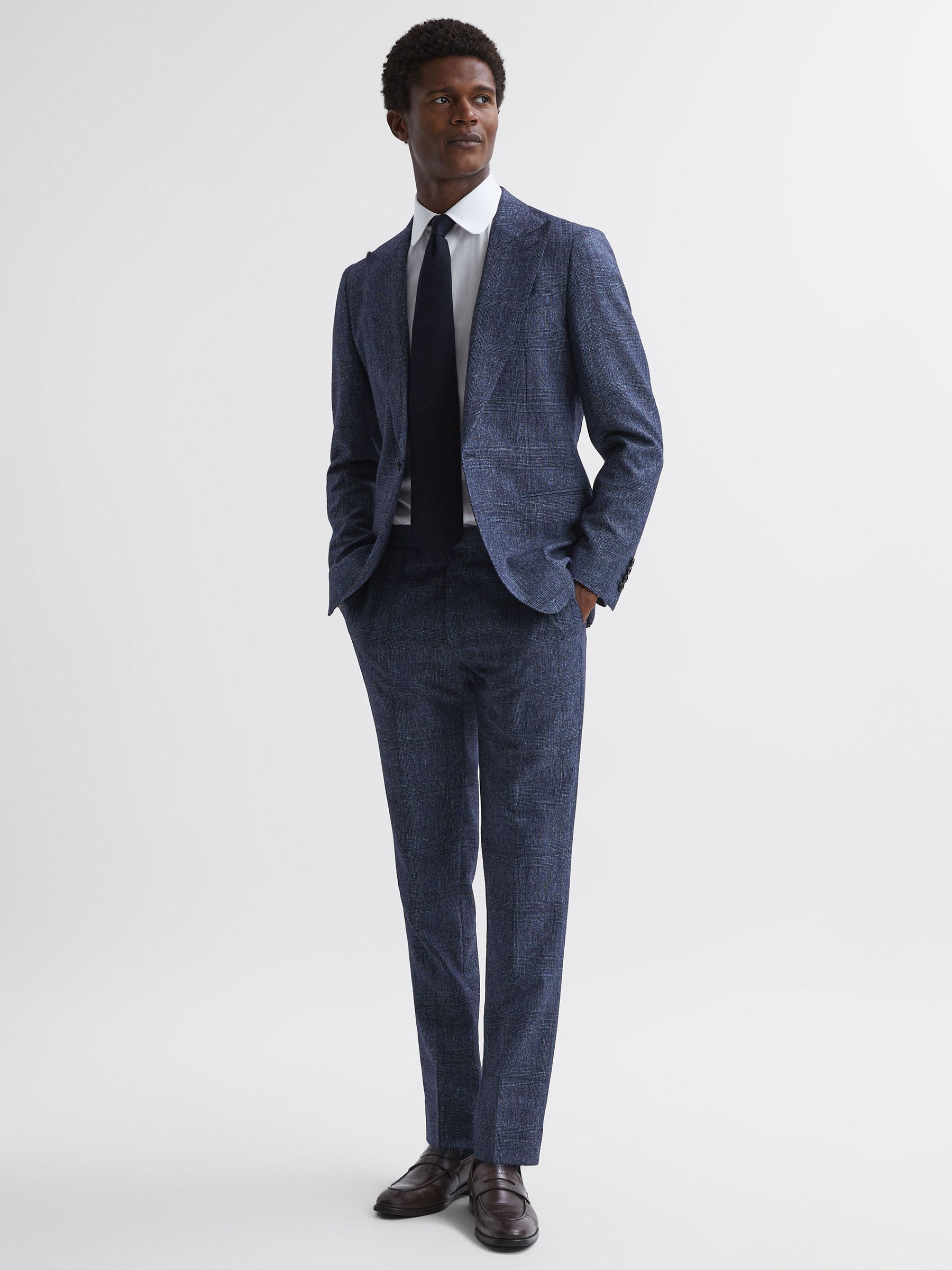 Slim Fit Single Breasted Wool-Linen Check Blazer in Indigo - Image 3 of 6