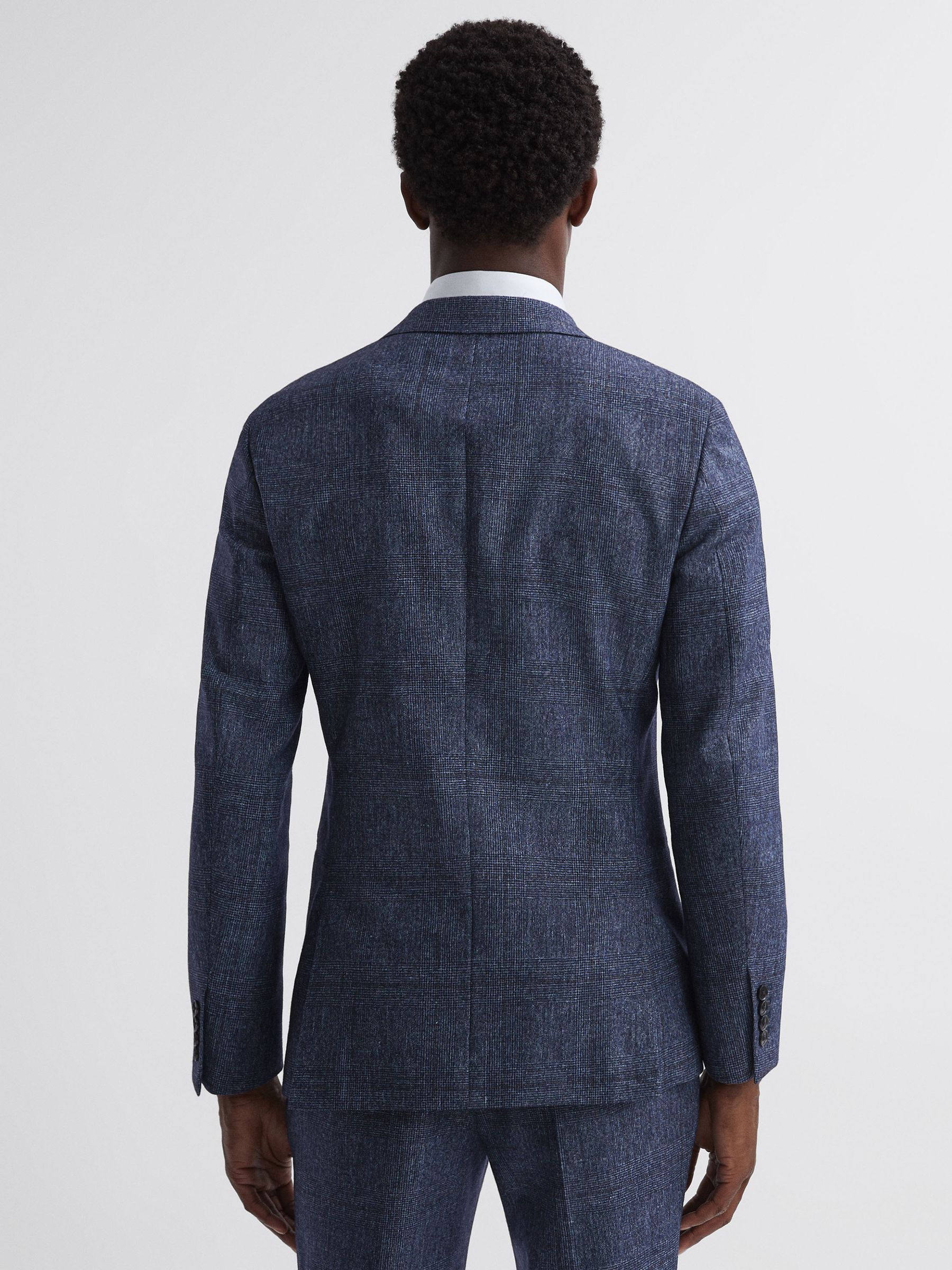 Slim Fit Single Breasted Wool-Linen Check Blazer in Indigo - Image 4 of 6
