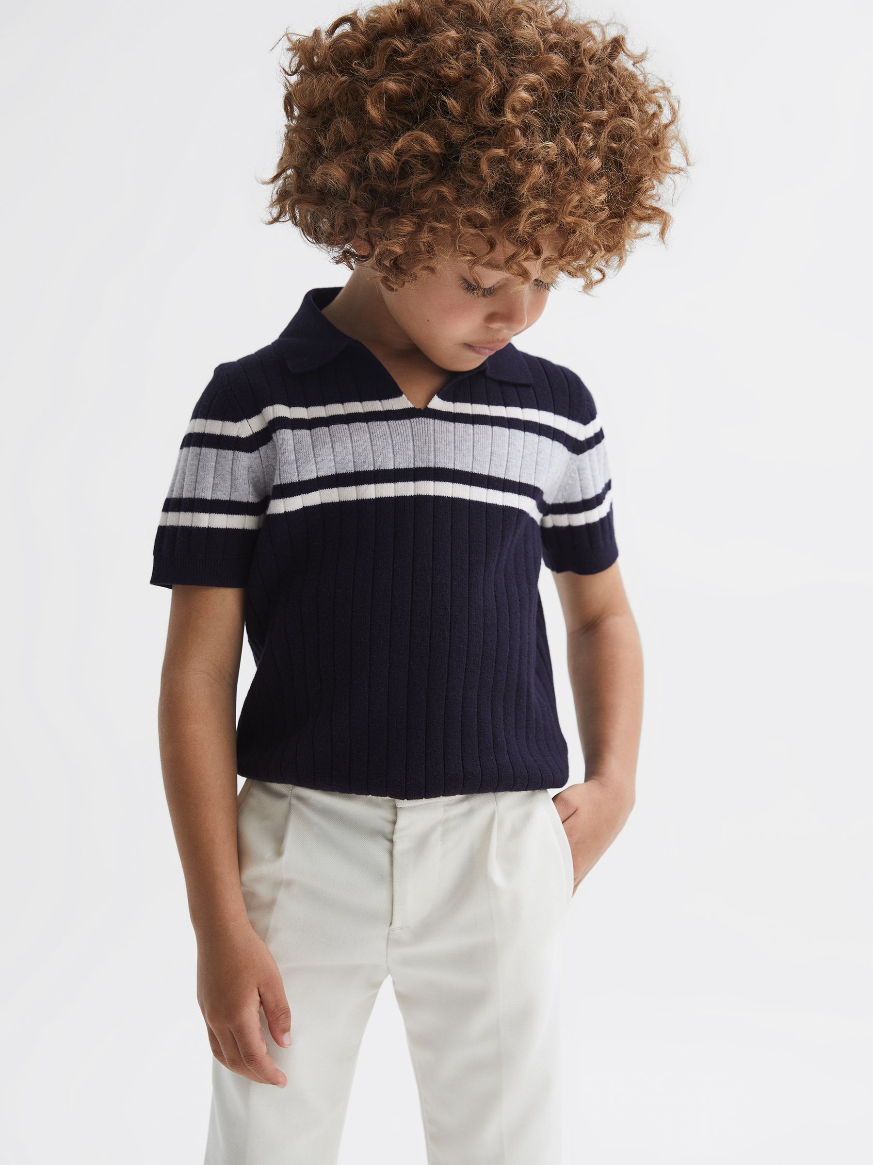 Ribbed Open Collar Shirt in Navy/White - Image 1 of 6
