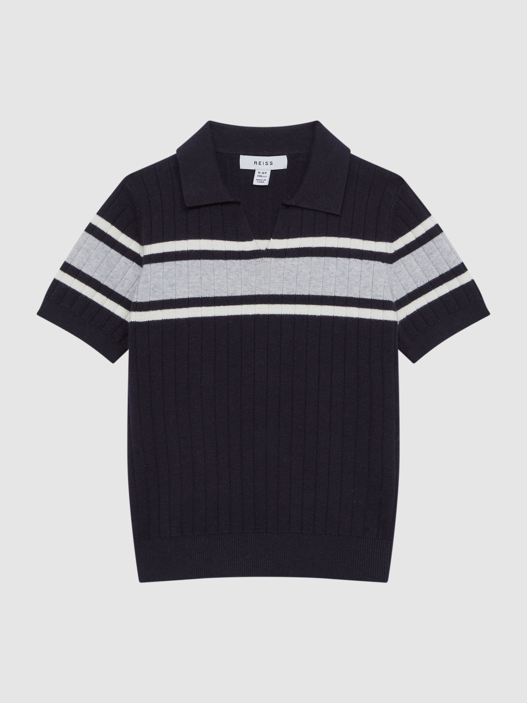Ribbed Open Collar Shirt in Navy/White - Image 2 of 6